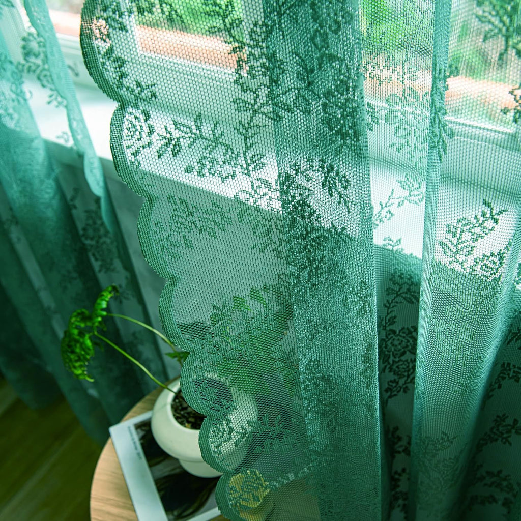 Deeprove Dark Emerald Green Lace Sheer Curtains 84 Inches Long 2 Panels Set, Hunter Florals Vintage Window Treatment Xmas Christ