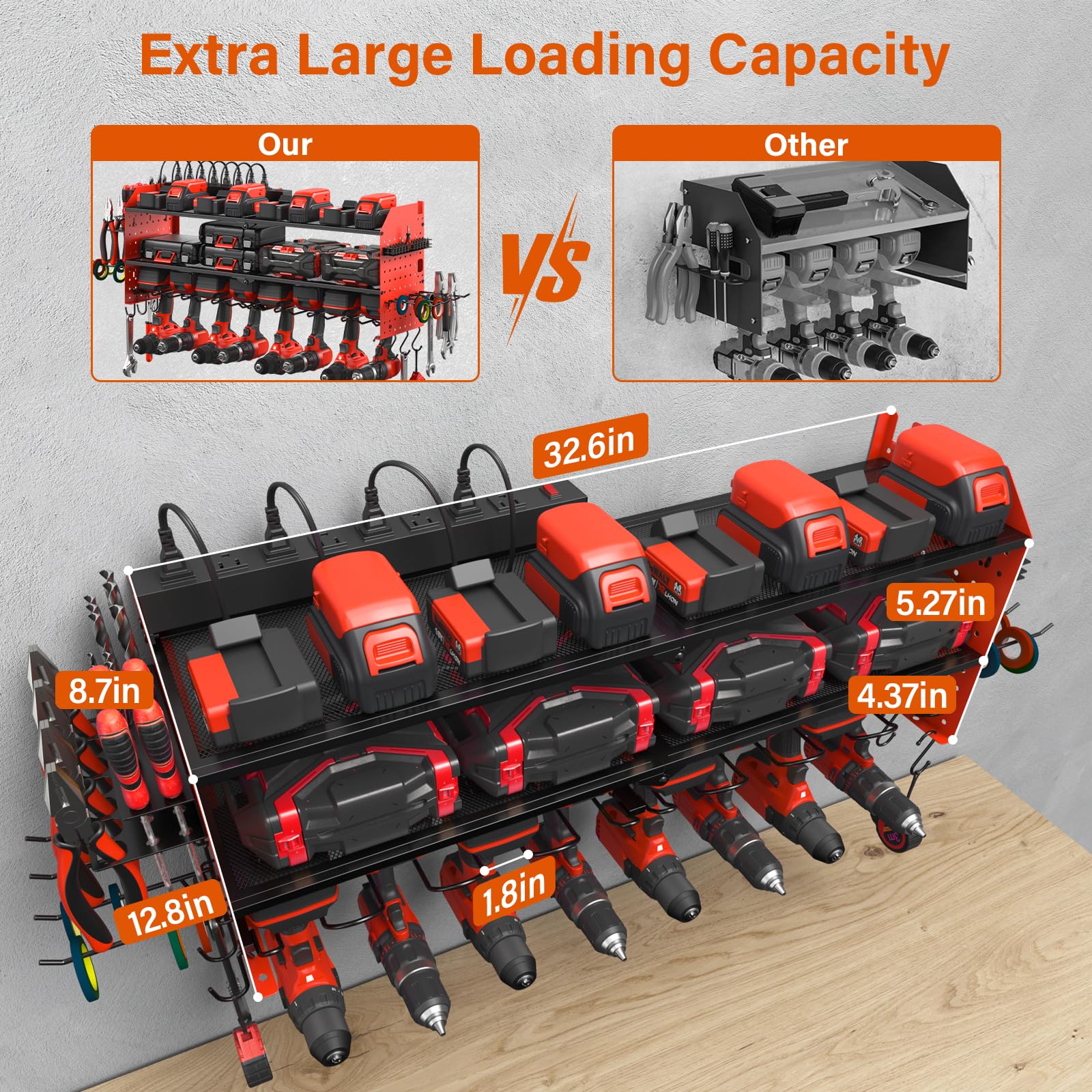 Junnuj Large Pegboard Power Tool Organizer With Charging Station, 8 Drills Driver And Tools Battery Holder Wall Mount With 8 Outlet Power Strip, Red 3-Layer Shop Garage Storage Utility Rack