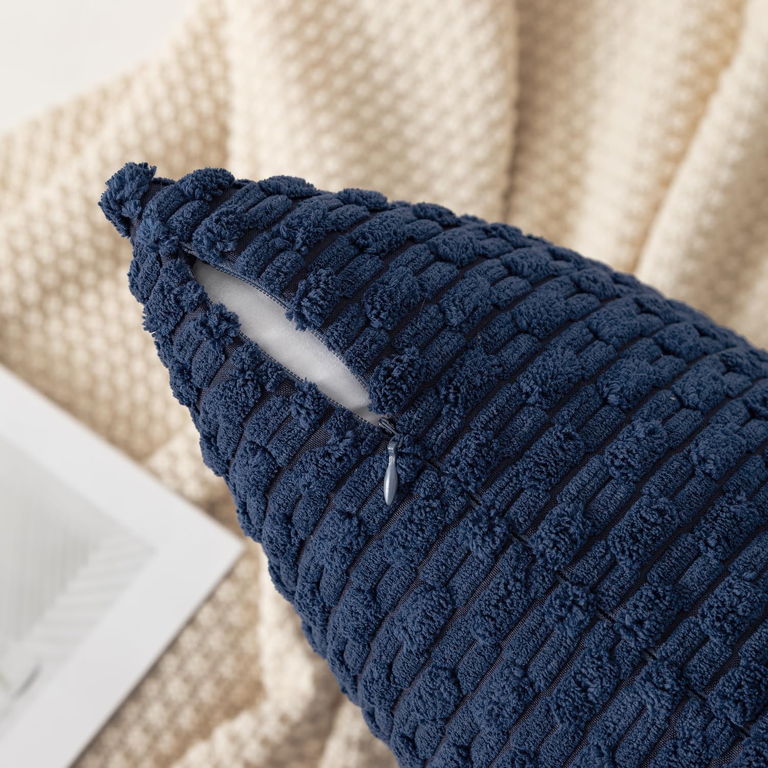 Kevin Textile Pack Of 2 Corduroy Decorative Throw Pillow Covers 26X26 Inch Soft Boho Striped Pillow Covers Modern Farmhouse Home Decor For Spring Sofa Living Room Couch Bed Navy Blue