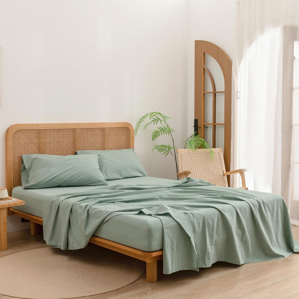 Bestouch Sheet Set 100% Washed Cotton Linen Feel Super Soft Comfortable Chic Lightweight 4 Pcs Home Bedding Set Solid Green Quee
