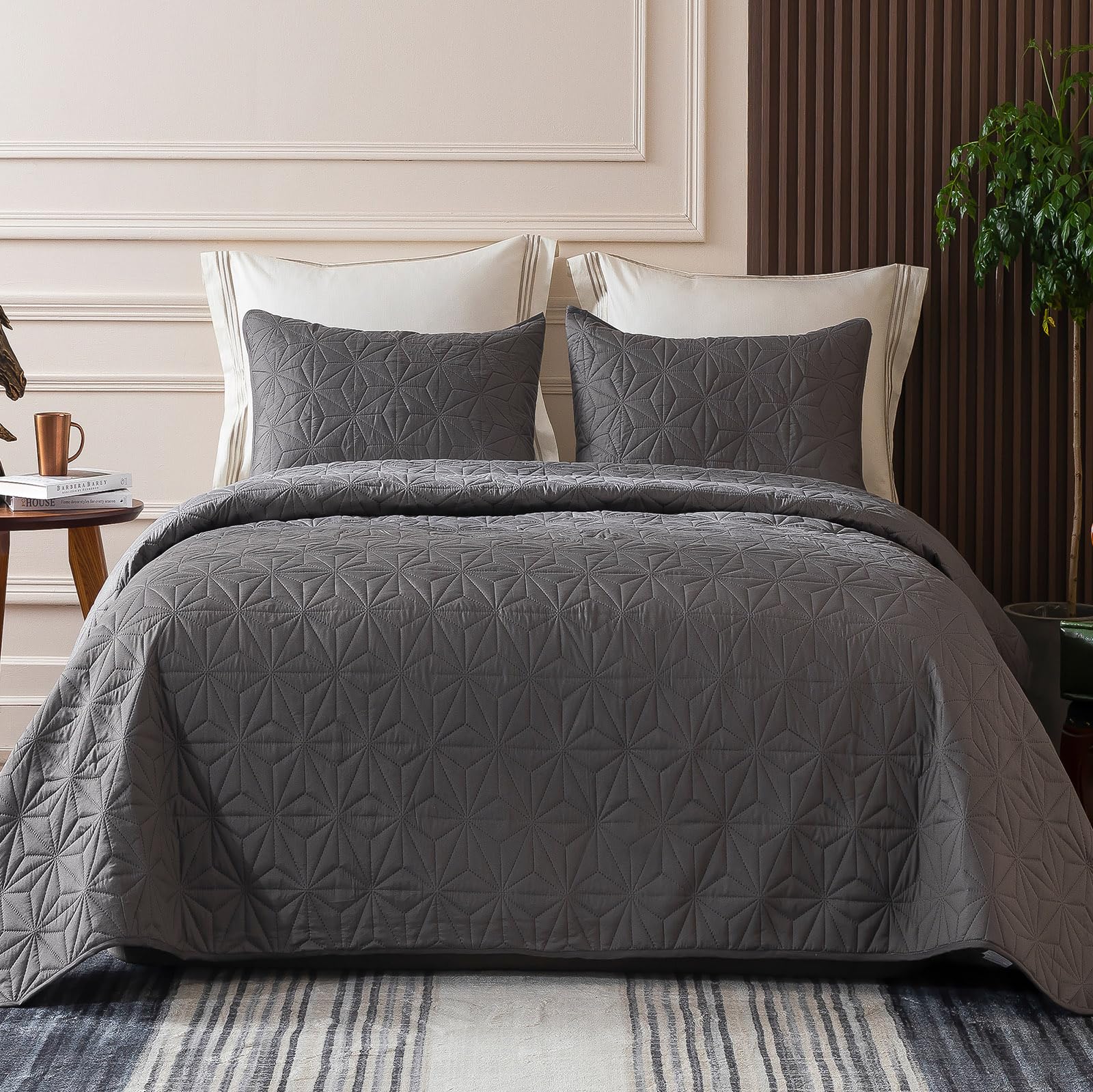 Whale Flotilla Twin Size Quilt Bedding Set, Soft Grey Twin Xl Quilts Bedspreads For All Seasons, Lightweight Geometric Star Patt
