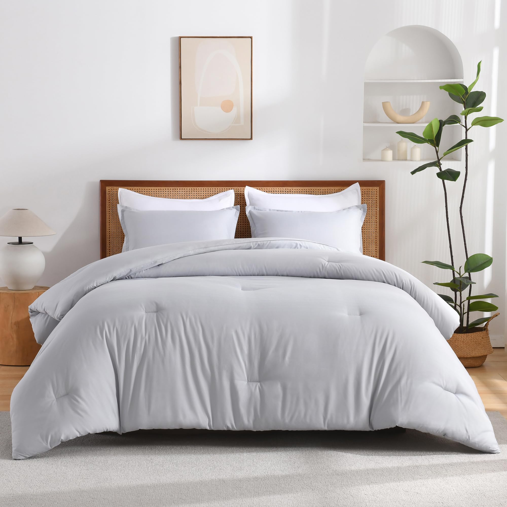 Andency Silver Grey King Size Comforter Set, 3 Pieces Lightweight Fluffy Solid Bedding Comforter, All Season Soft Microfiber Bed Sets