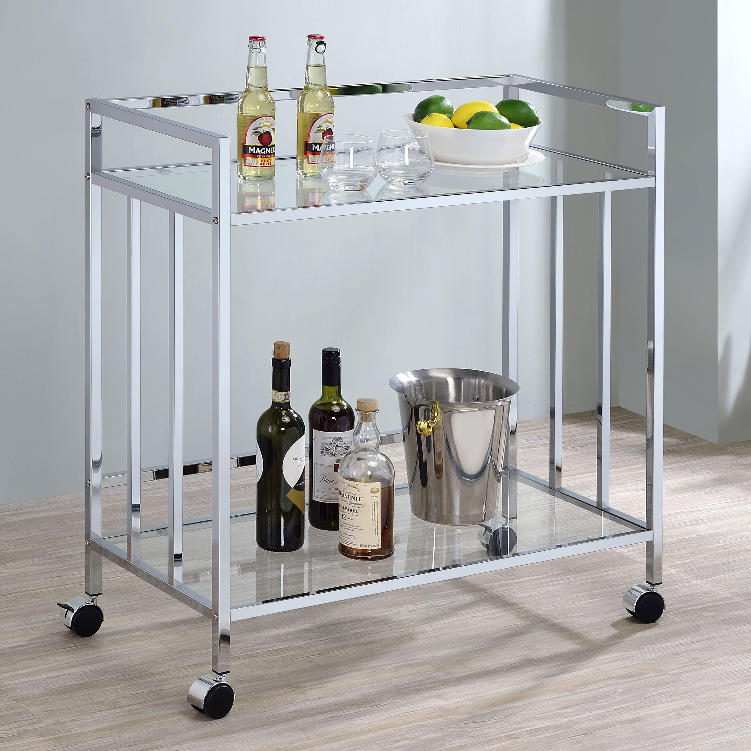 Coaster Home Furnishings Cara 2-Tier Rectangular Glass Shelf Metal Bar Cart Chrome 181382
