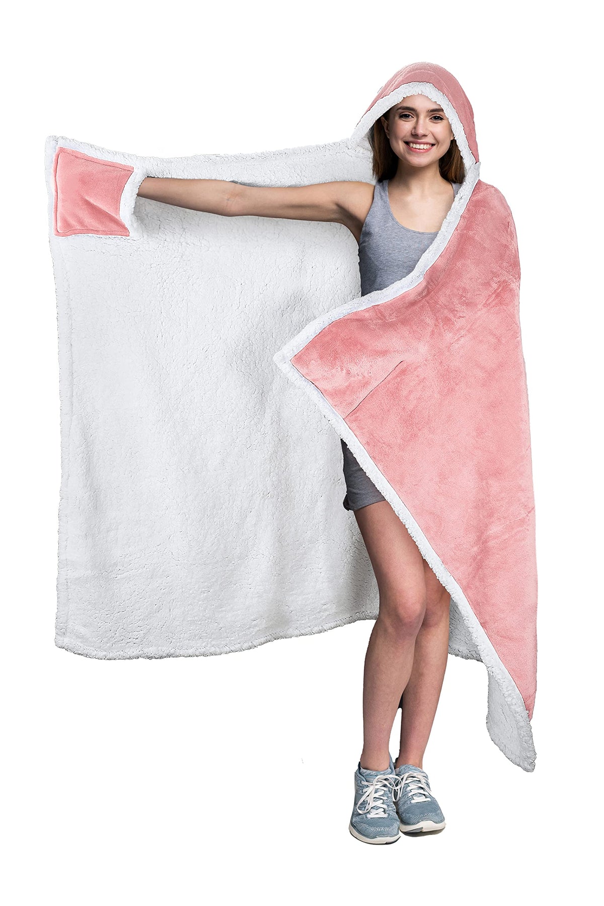 Tirrinia Sherpa Hooded Blanket Wearable Cuddle Throw Warm Cozy Sherpa Lining 47X73/ Sherpa Throw Blanket/Solid Flannel/