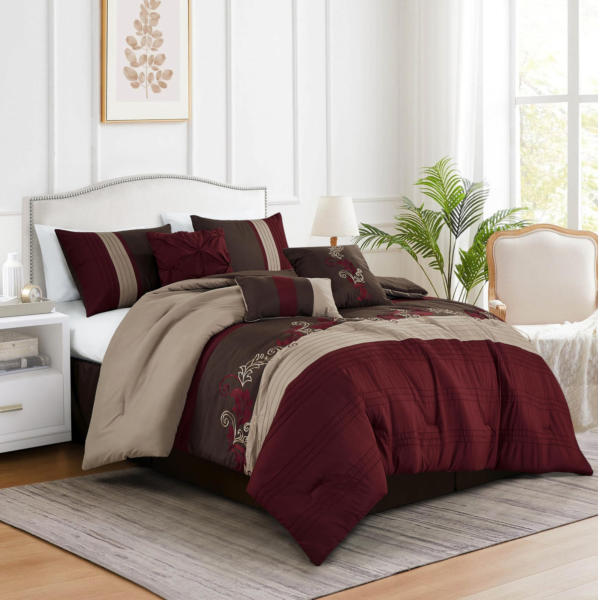 Chezmoi Collection Napa 7-Piece Luxury Leaves Scroll Embroidery Bedding Comforter Set (Oversized King, Burgundy/Taupe/Brown)