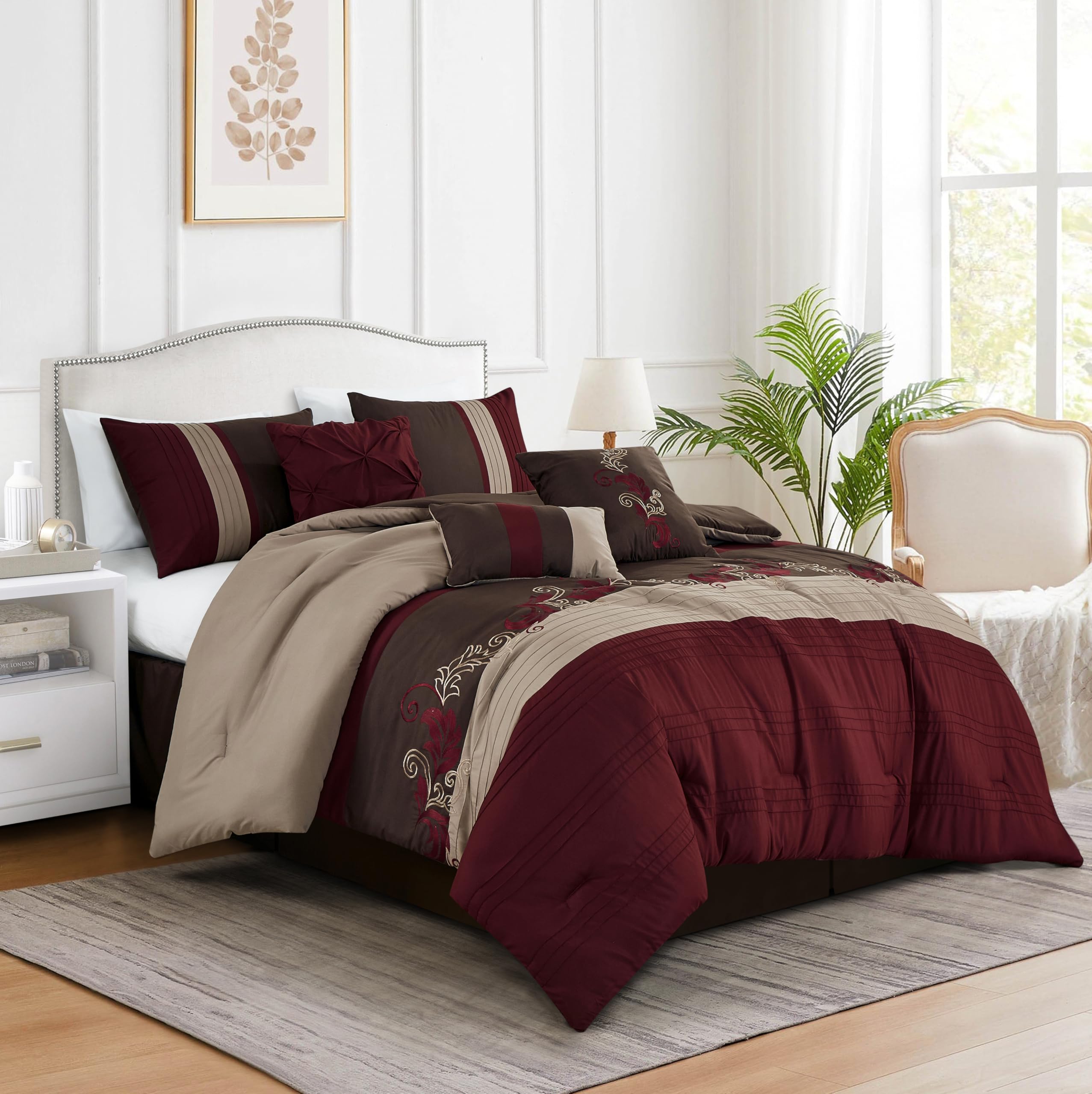Chezmoi Collection Napa 7-Piece Luxury Leaves Scroll Embroidery Bedding Comforter Set (California King, Burgundy/Taupe/Brown)