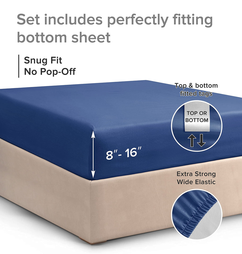 King Fitted Bed Sheet - Hotel Luxury & Cooling Single Fitted Sheet Only - Easily Fits Mattress Up To 16 Inches Perfectly - Soft, Wrinkle Free, Breathable & Comfy Navy Blue Single Fitted Bed Sheet