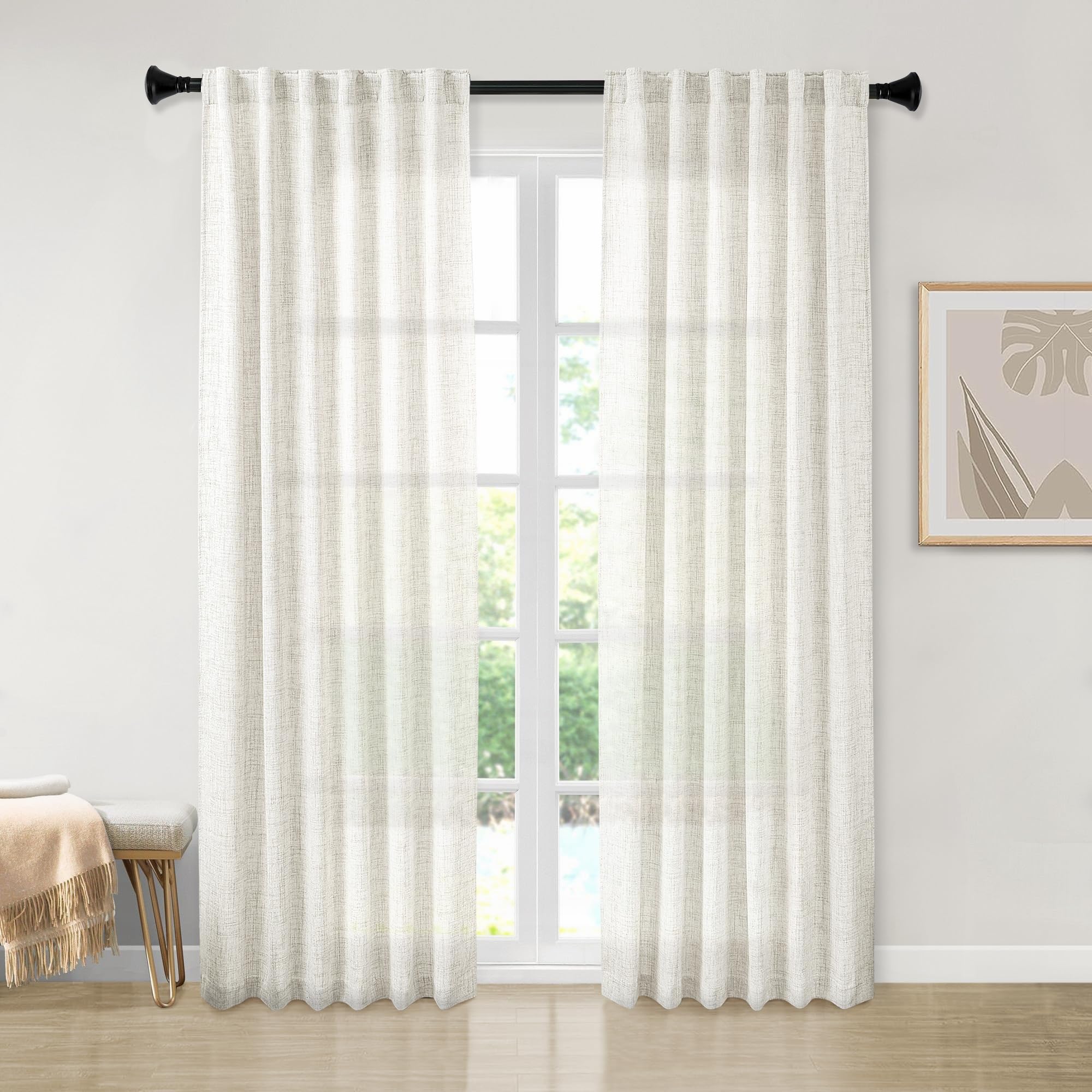 MEETBILY 94 Inches Long Semi Sheer Linen Curtains for Living Room 2 Panels, Back Tab Rod Pocket Linen Blend Drapes Modern Airy P
