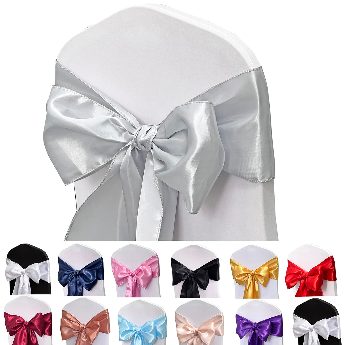 Maiangel Satin Chair Sashes Bows-50Pcs Chair Ribbon Ties Back Sash For Wedding Party Events Banquet Chair Cover Decoration (Silv