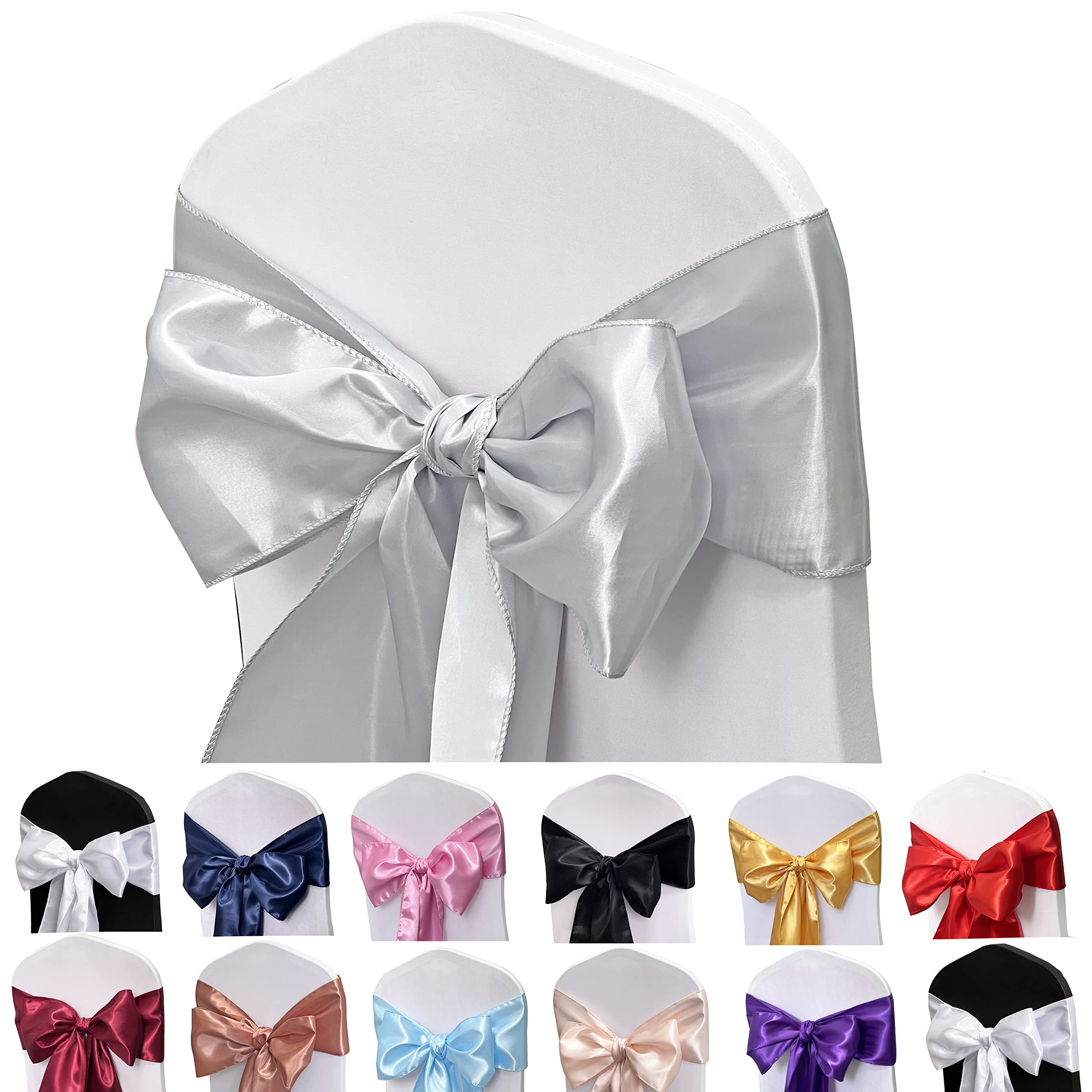 Maiangel Satin Chair Sashes Bows-50Pcs Chair Ribbon Ties Back Sash For Wedding Party Events Banquet Chair Cover Decoration (Silv