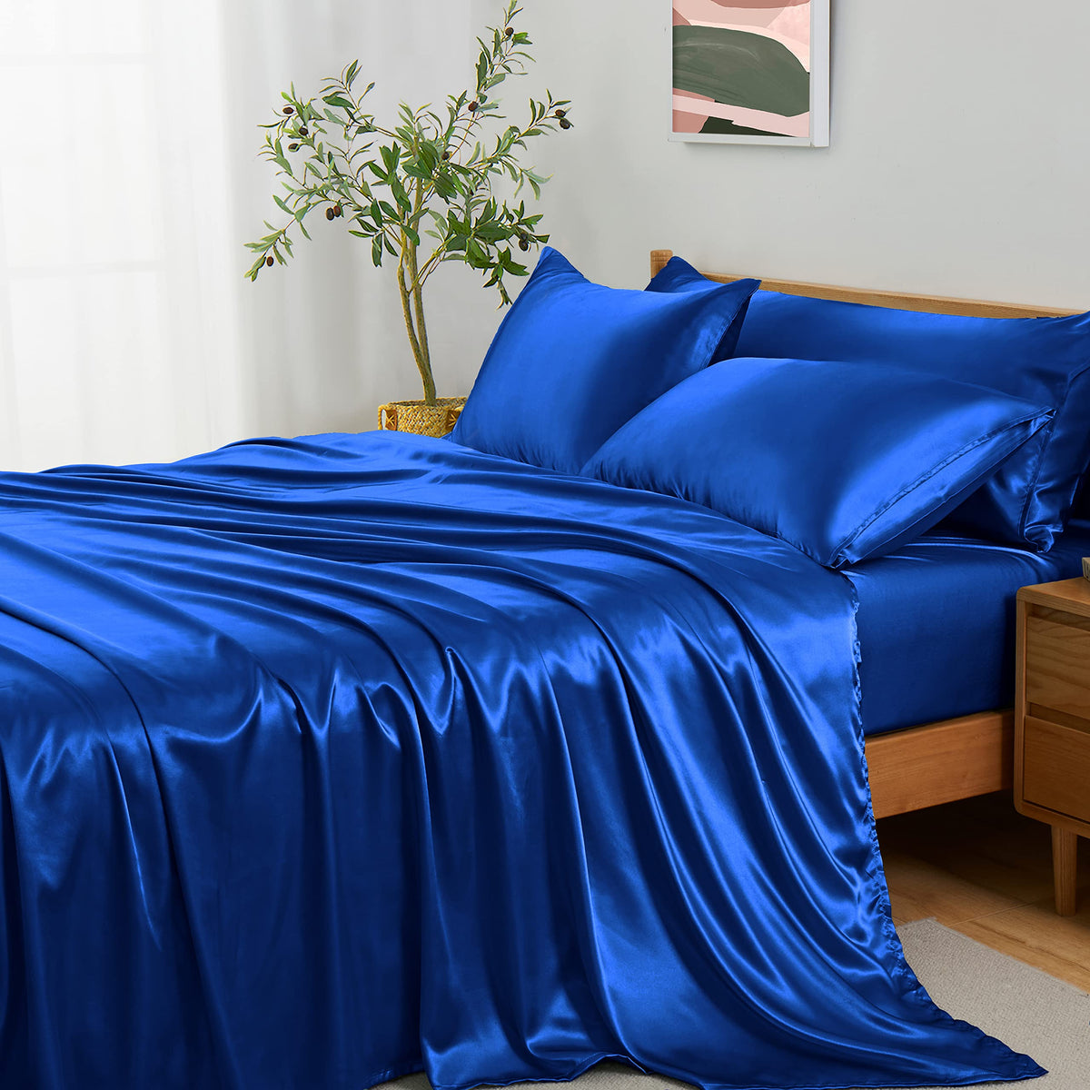 Entisn 5Pcs Silky Satin Sheets Set, Full Size Satin Bed Sheets Set, Royal Blue Luxury Bedding Sets, Breathable & Ultra Soft Shee