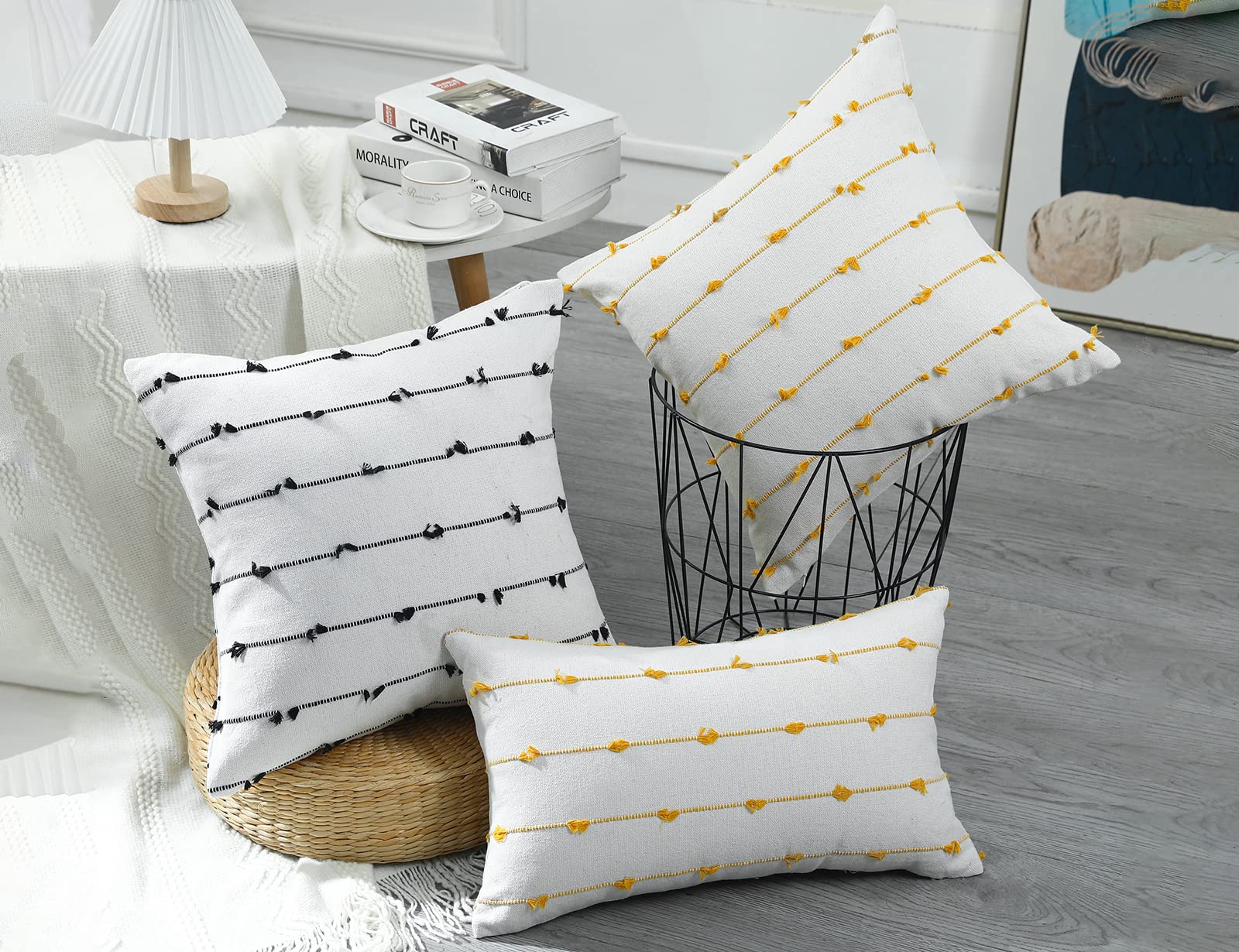 Nuyecy Set Of 2 Boho Throw Pillow Covers 30X30,Black Off White Neutral Couch Pillow Case With Tassel Fringe Decorative,Modern Ac