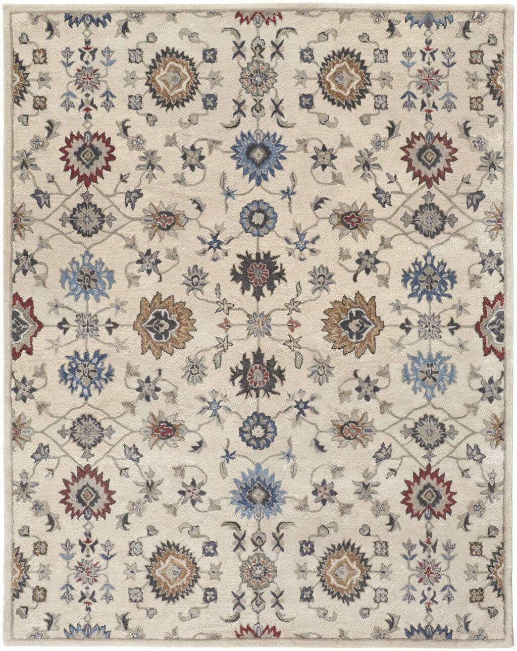 HomeRoots 514818 8 x 10 ft. Ivory Blue & Tan Wool Floral Hand Tufted Handmade Stain Resistant Rectangle Area Rug