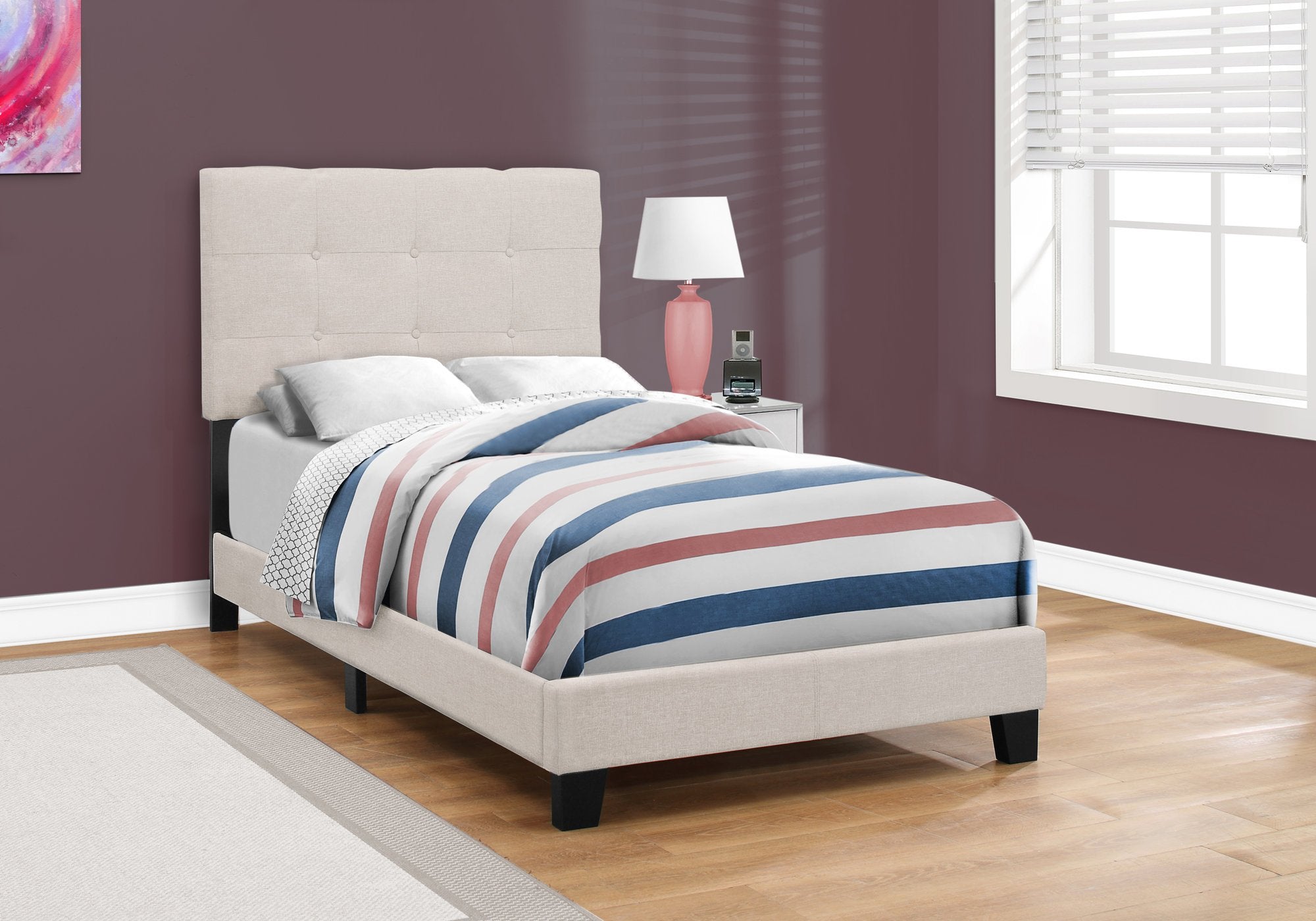 Monarch Specialties I BED - TWIN SIZE/BEIGE LINEN,