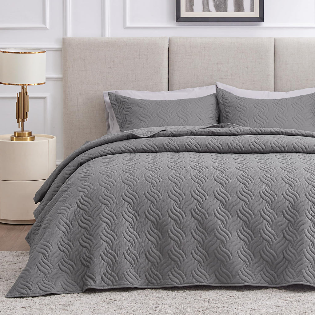 Love's cabin King Size Quilt Bedding Set Grey Bedspreads - Bed Summer Quilt Lightweight Microfiber Bedspread- Wave Pattern Beddi