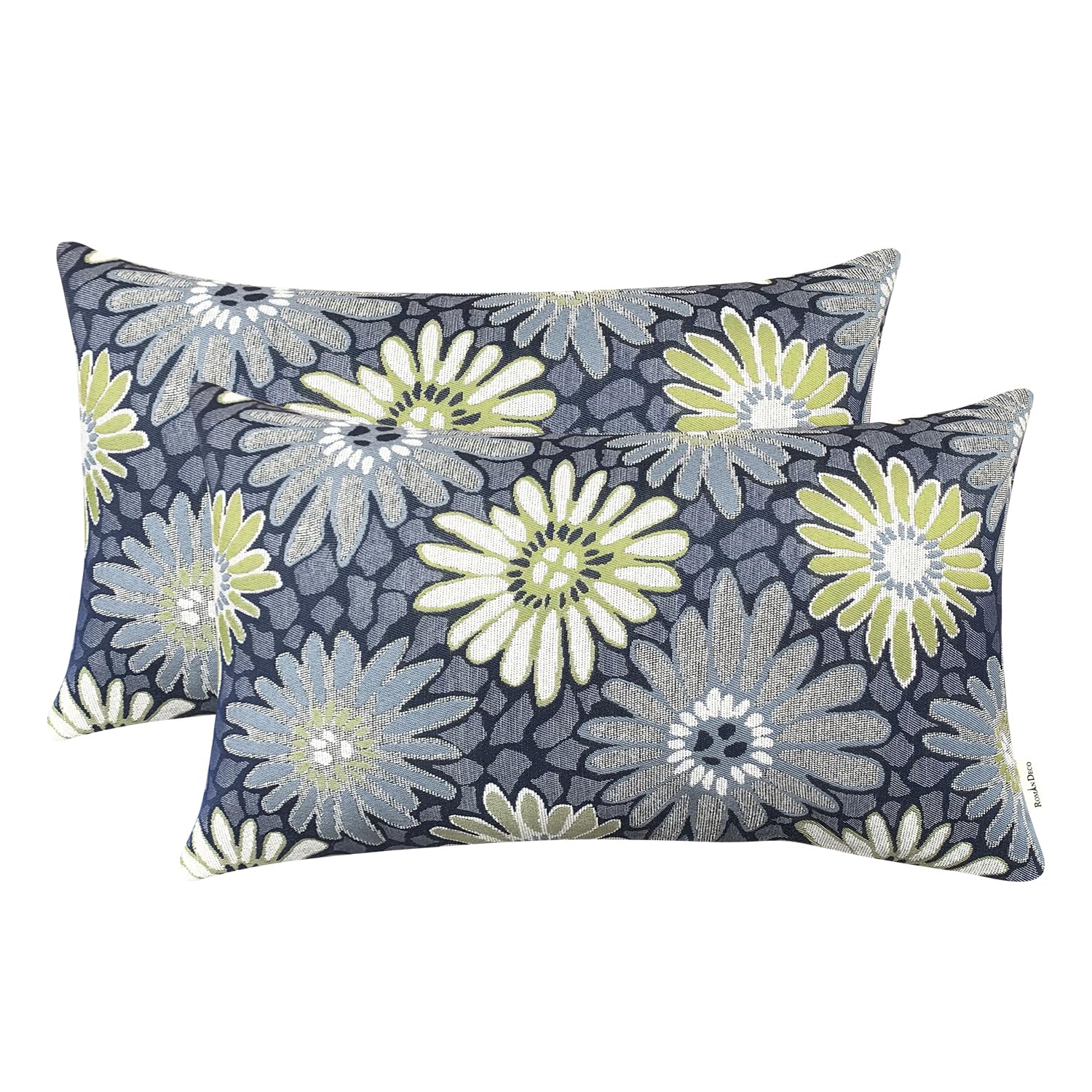 Romandeco Jacquard Floral Decorative Throw Pillow Covers For Couch Set Of 2, 12X20 Inches, Navy Blue