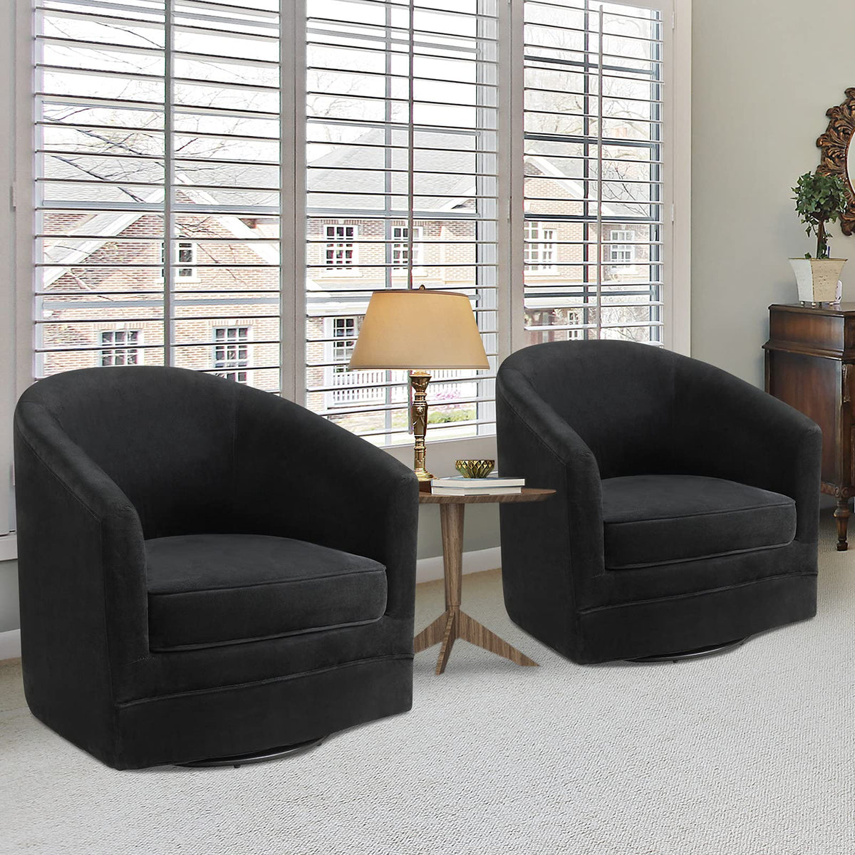 Giantex Set Of 2 Swivel Chair For Living Room, No Assembly Classic Accent Chair With 360-Degree Swivel Metal Base, 350Lbs Leisure Single Sofa Club Armchair Chair, Velvet Round Barrel Chair, Black