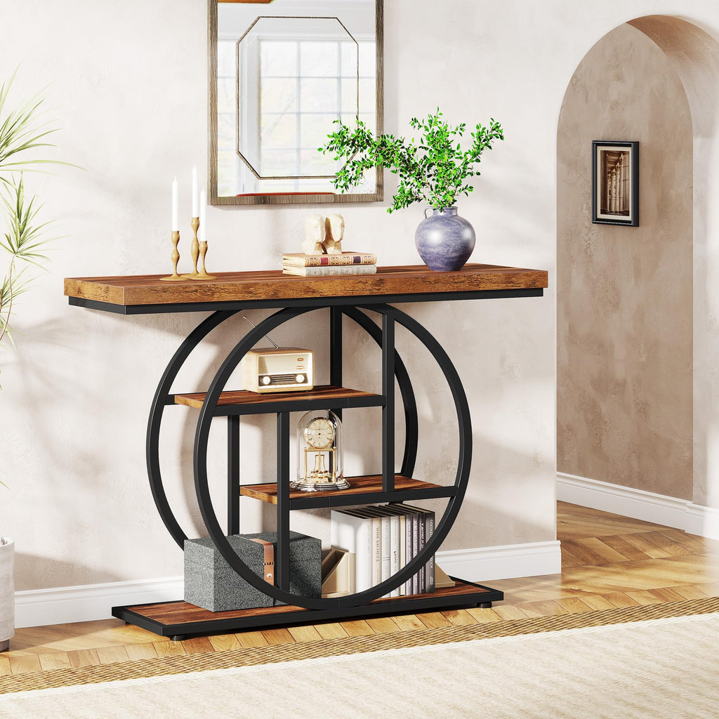 Tribesigns 41.3' Console Table, Industrial 4-Tier Sofa Table Entryway Table With Circle Base, Narrow Wood Accent Tables With Storage Shelves For Living Room, Hallway, Foyer, Rustic Brown