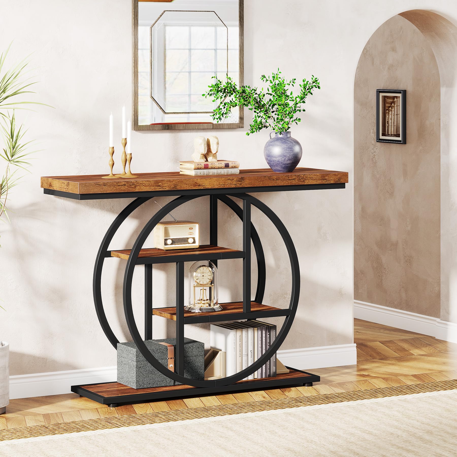 Tribesigns 41.3' Console Table, Industrial 4-Tier Sofa Table Entryway Table With Circle Base, Narrow Wood Accent Tables With Storage Shelves For Living Room, Hallway, Foyer, Rustic Brown