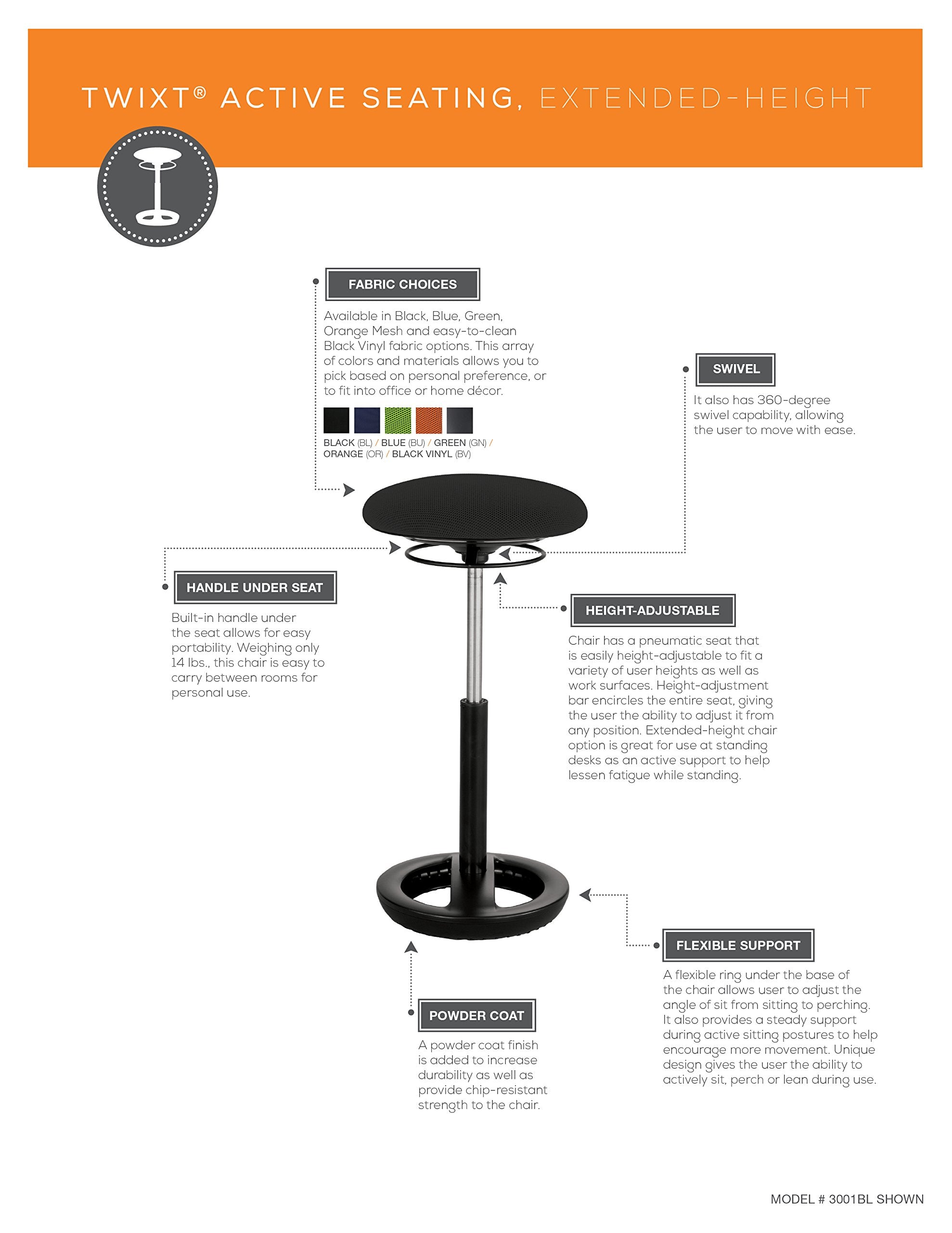 Safco Twixt Active Movement Seating Chair, Ergonomic Support, Extended Height, Black Mesh