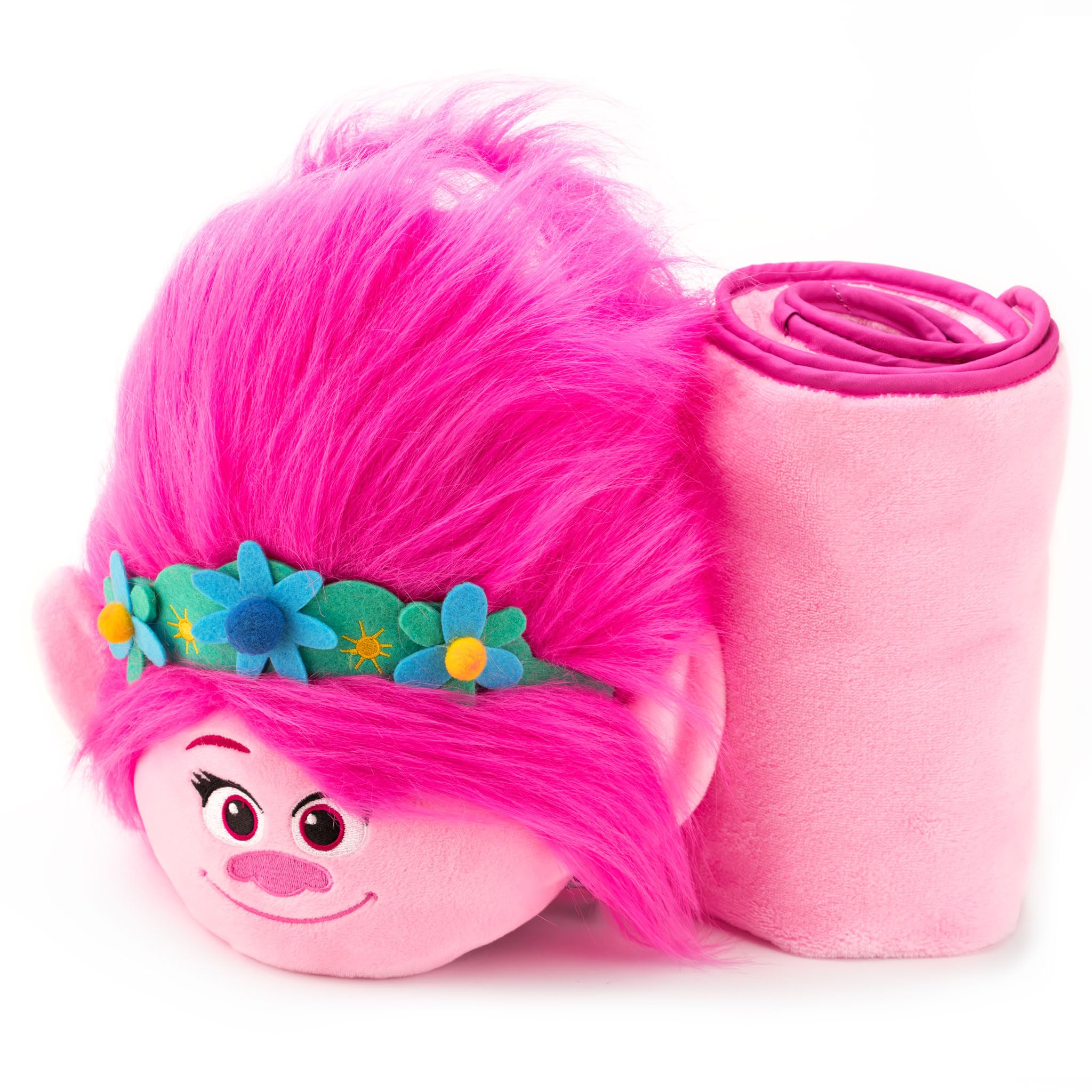 Trolls Armrest Buddy Stuffed Plush Travelling Toy With Blanket 13    - Kids Ultimate Travel Pillow Companion Set (Queen Poppy)