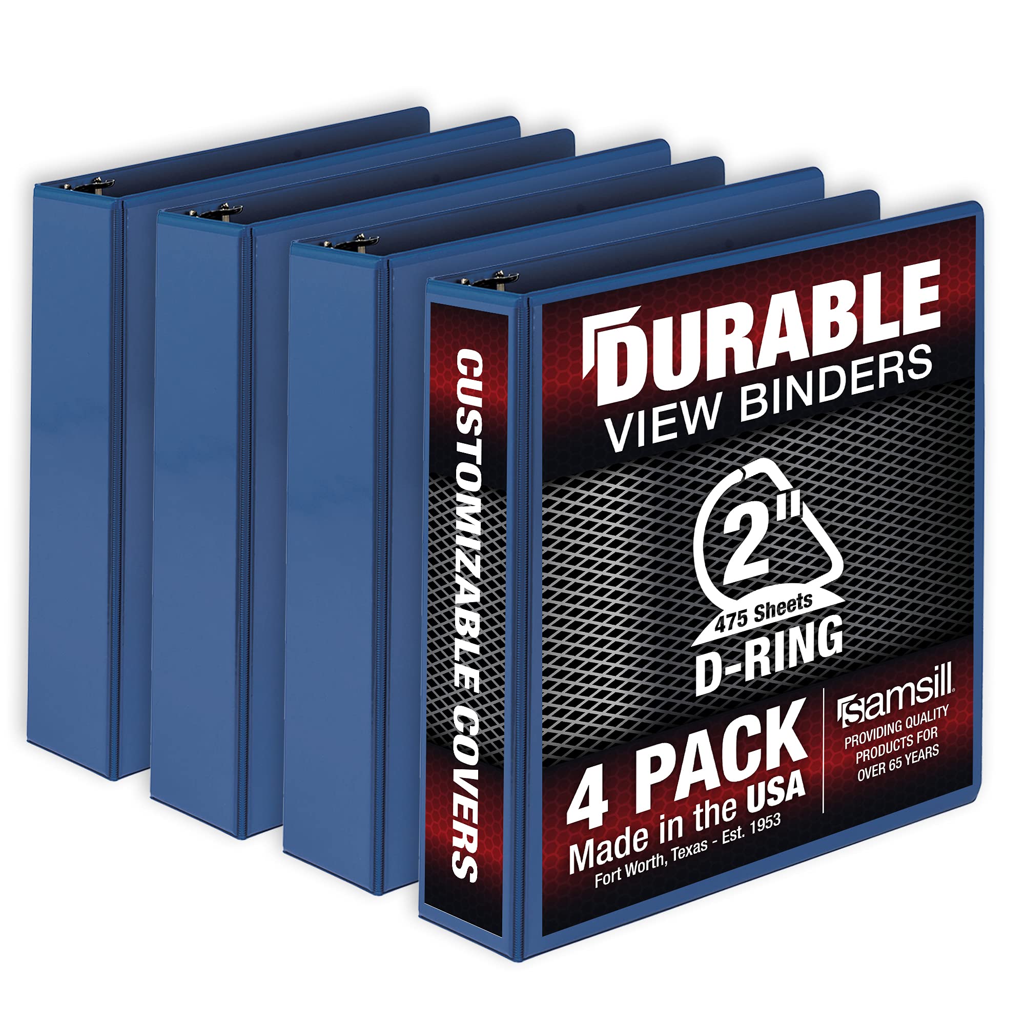 Samsill Durable 2 Inch Binder, Made In The Usa, D Ring Binder, Customizable Clear View Binder, Blue, 4 Pack, Each Holds 475 Page