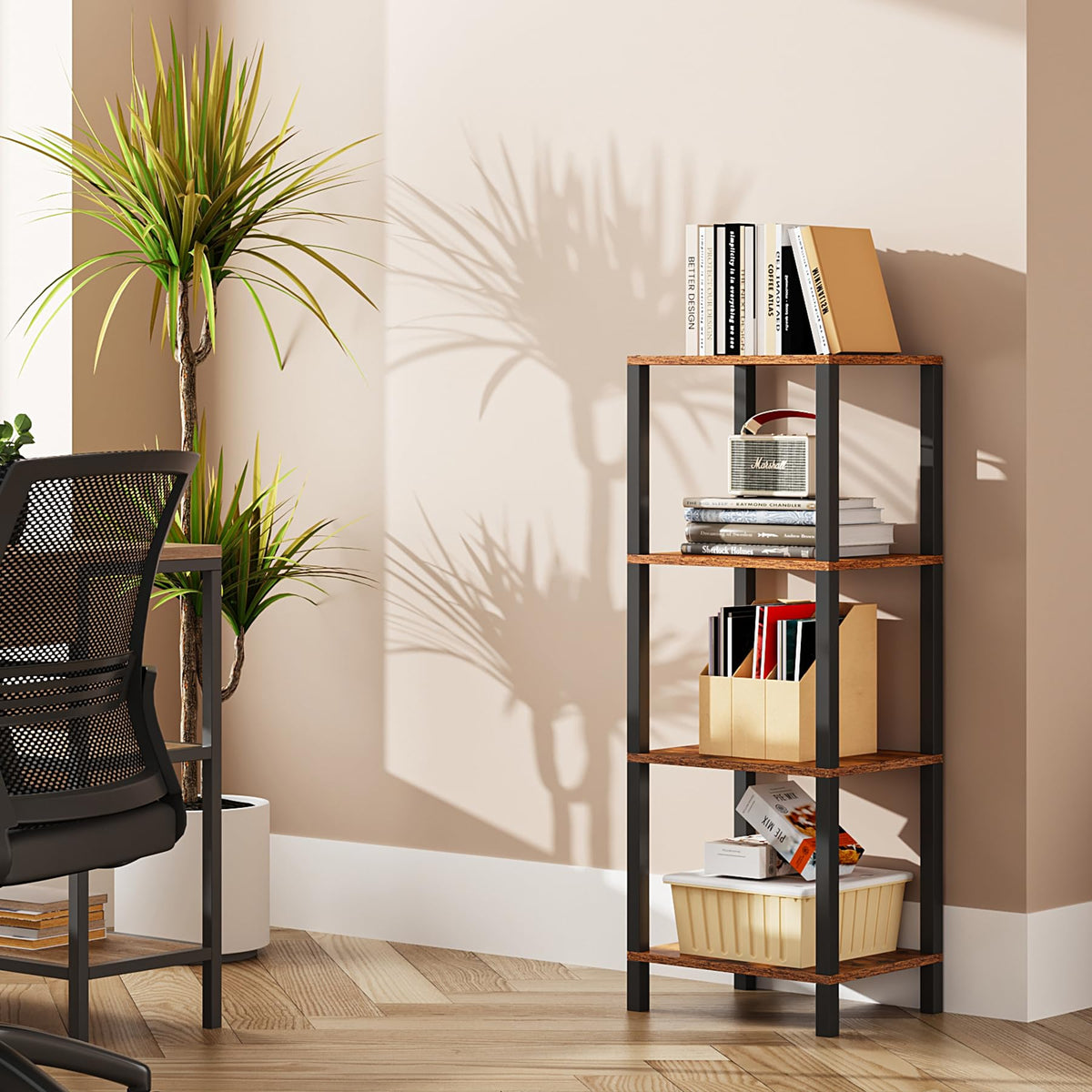 Tutotak Bookshelf, 4-Tier Tall Book Shelf, Narrow Bookcase For Small Space, Diy Stackable Bookshelf, For Living Room, Office, Study, Entryway, Industrial, Rustic Brown Bs01Bb004