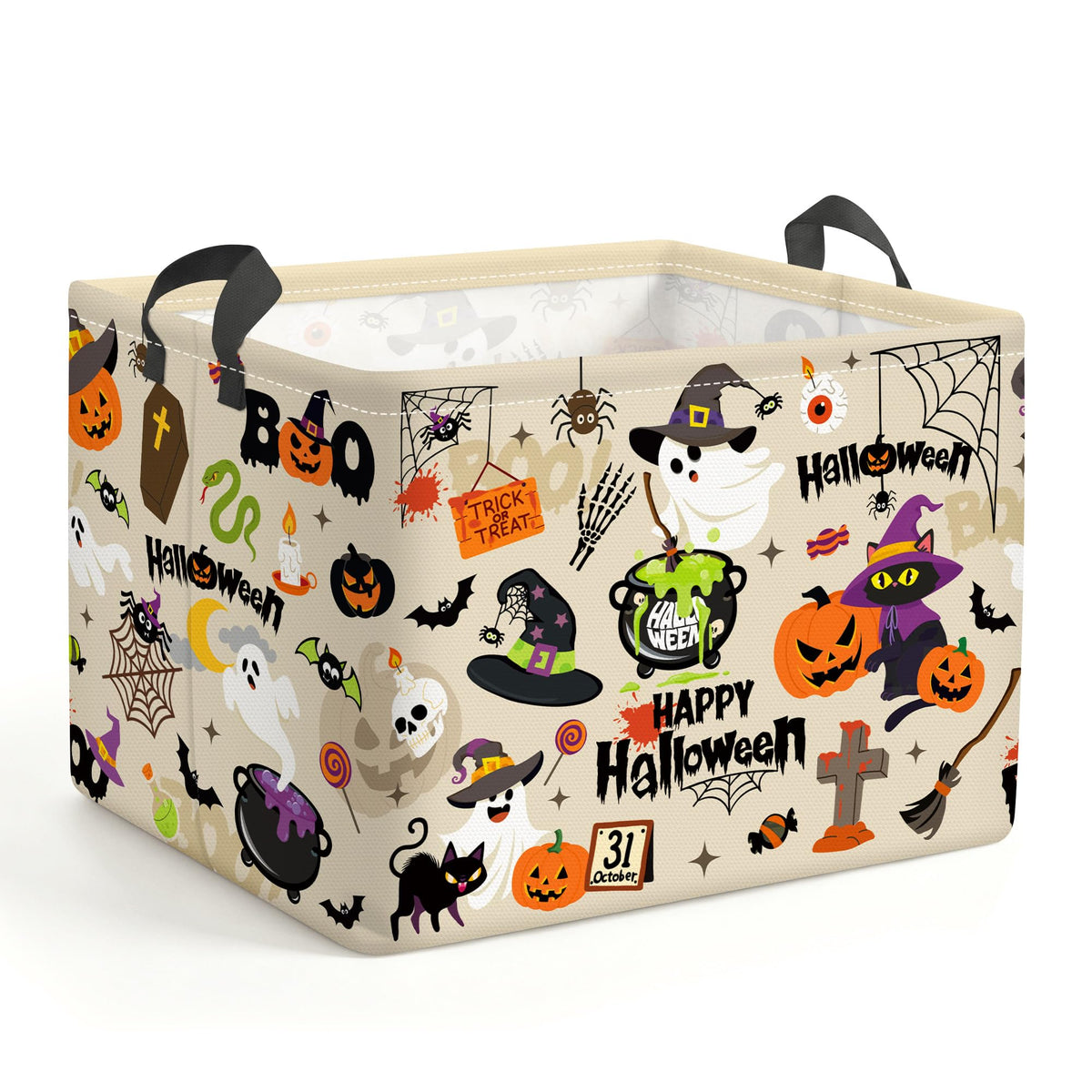 HUUMONSS Halloween Spooky Baby Storage Basket with Handle Pumpkin Large Laundry Hamper Boo Ghost Collapsible Parents Organizer T