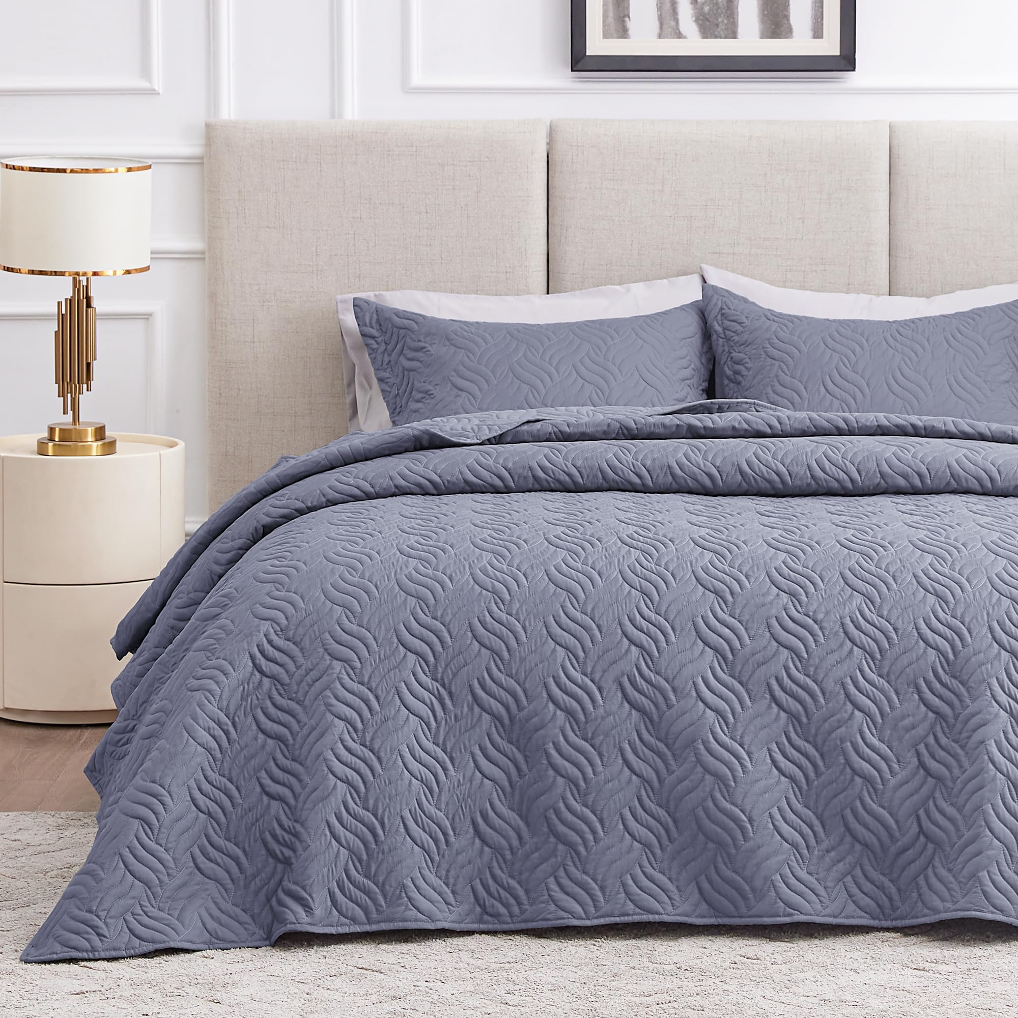 Love'S Cabin Twin Quilt Bedding Set Bluish Grey Bedspreads - Soft Bed Summer Quilt Lightweight Microfiber Bedspread- Wave Patter