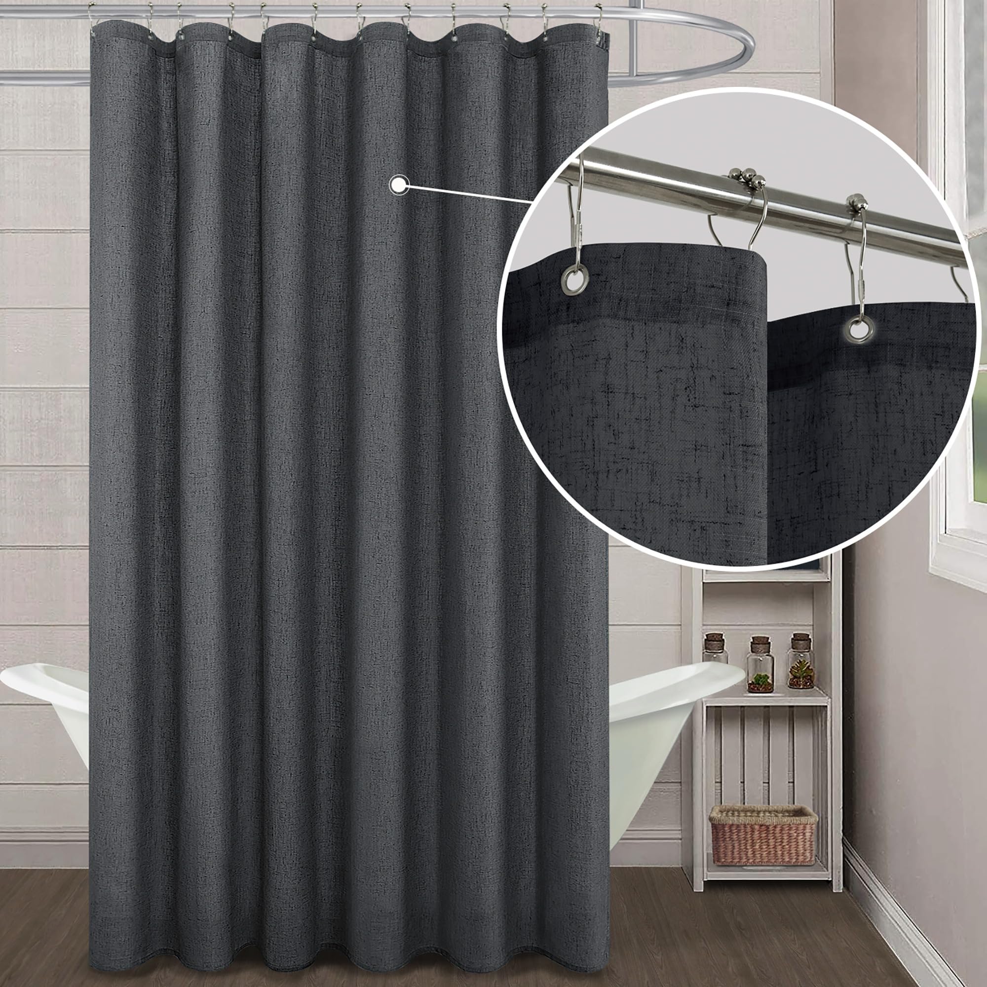 Koufall Dark Grey Waterproof Linen Fabric Shower Curtain For Bathroom 72X84 Inches Long