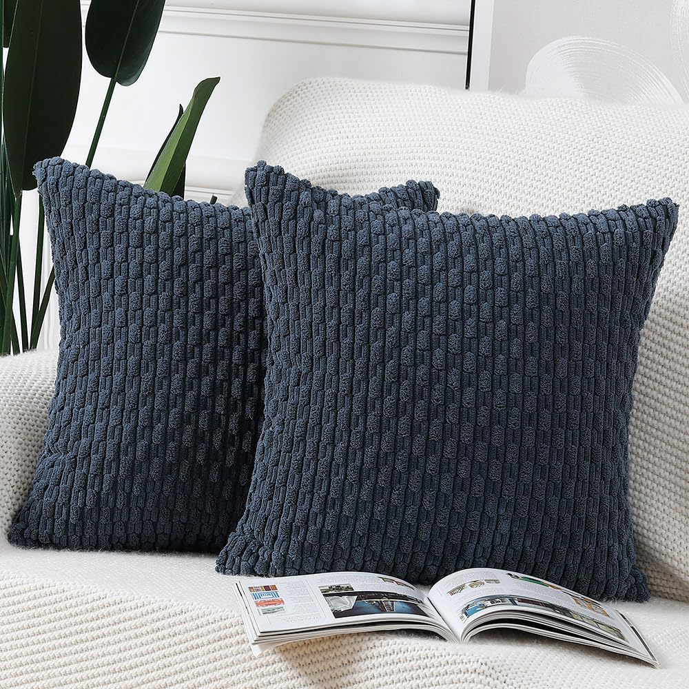 Madizz Pack Of 2 Boho Corduroy Striped Throw Pillow Covers 18X18 Inch Dark Blue Soft Decorative Cushion Cover For Bedroom Sofa P