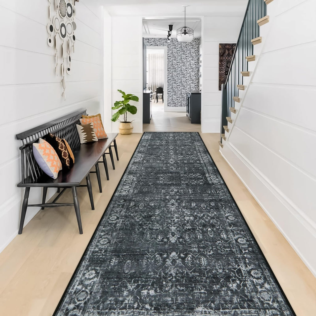 Morebes Vintage Washable Rug Runners for Hallways 10 Feet Non Slip, Distressed Non Skid Bathroom Rugs Long Washable Black Carpet