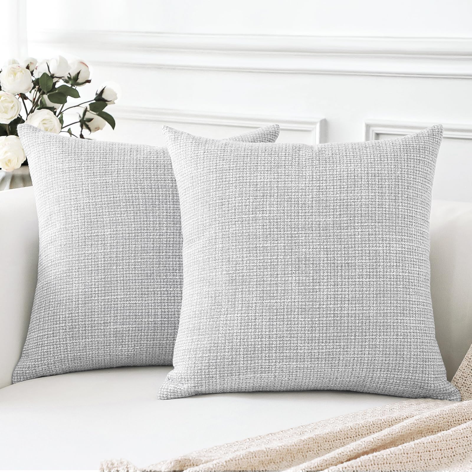 Otostar Linen Throw Pillow Covers Set Of 2 Decorative Square Pillowcases Cushion Covers 16X16 Inch For Home Decor Sofa Bedroom Car 40 X 40Cm Light Grey