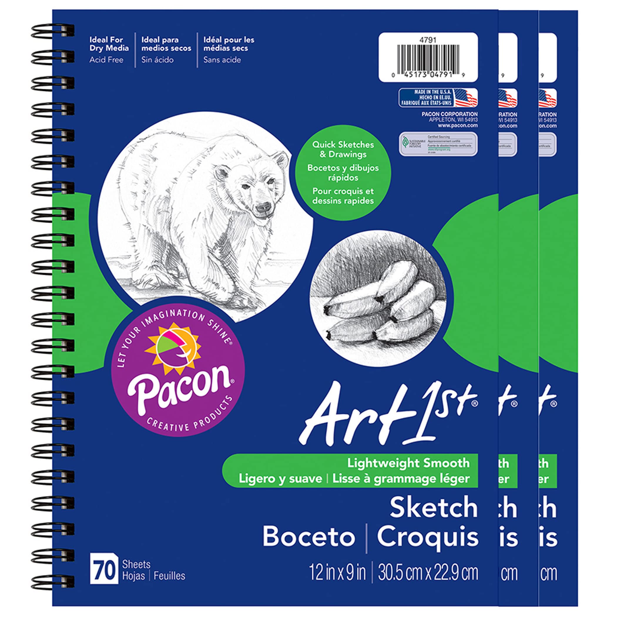 UCreate Sketch Diary, Standard Weight, 12'' x 9'', 70 Sheets, Pack of 3