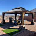 12 X 16 Hardtop Gazebo Outdoor Aluminum Wood Grain Gazebos With Galvanized Steel Double Canopy For Patios Deck Backyard,Curtains