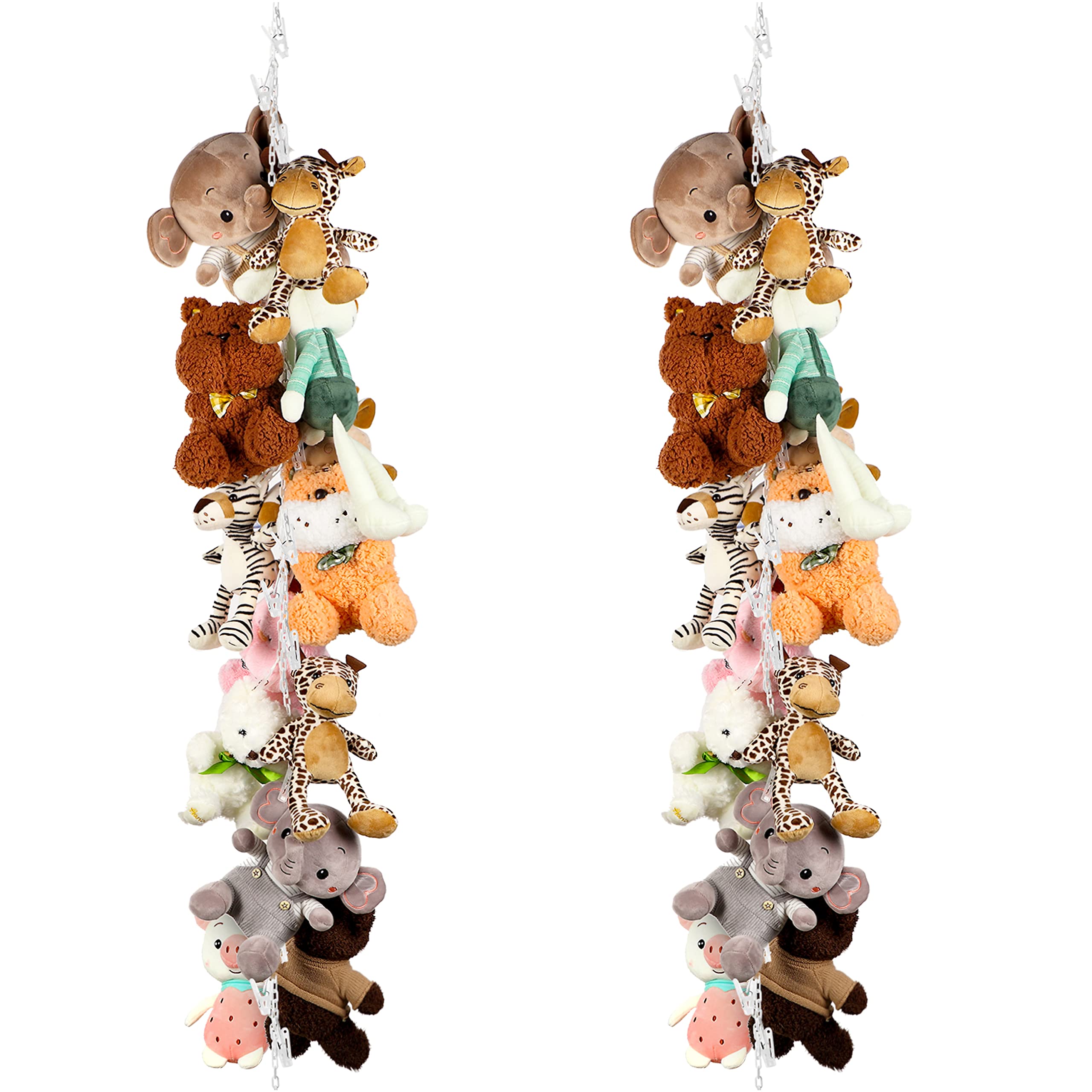 Yalikop 2 Pieces Stuffed Animals Storage Chain Organizer With 40 Plastic Clips 79 Hanging Stuffed Animal Display Holder For Wall Play Room Storage Decor
