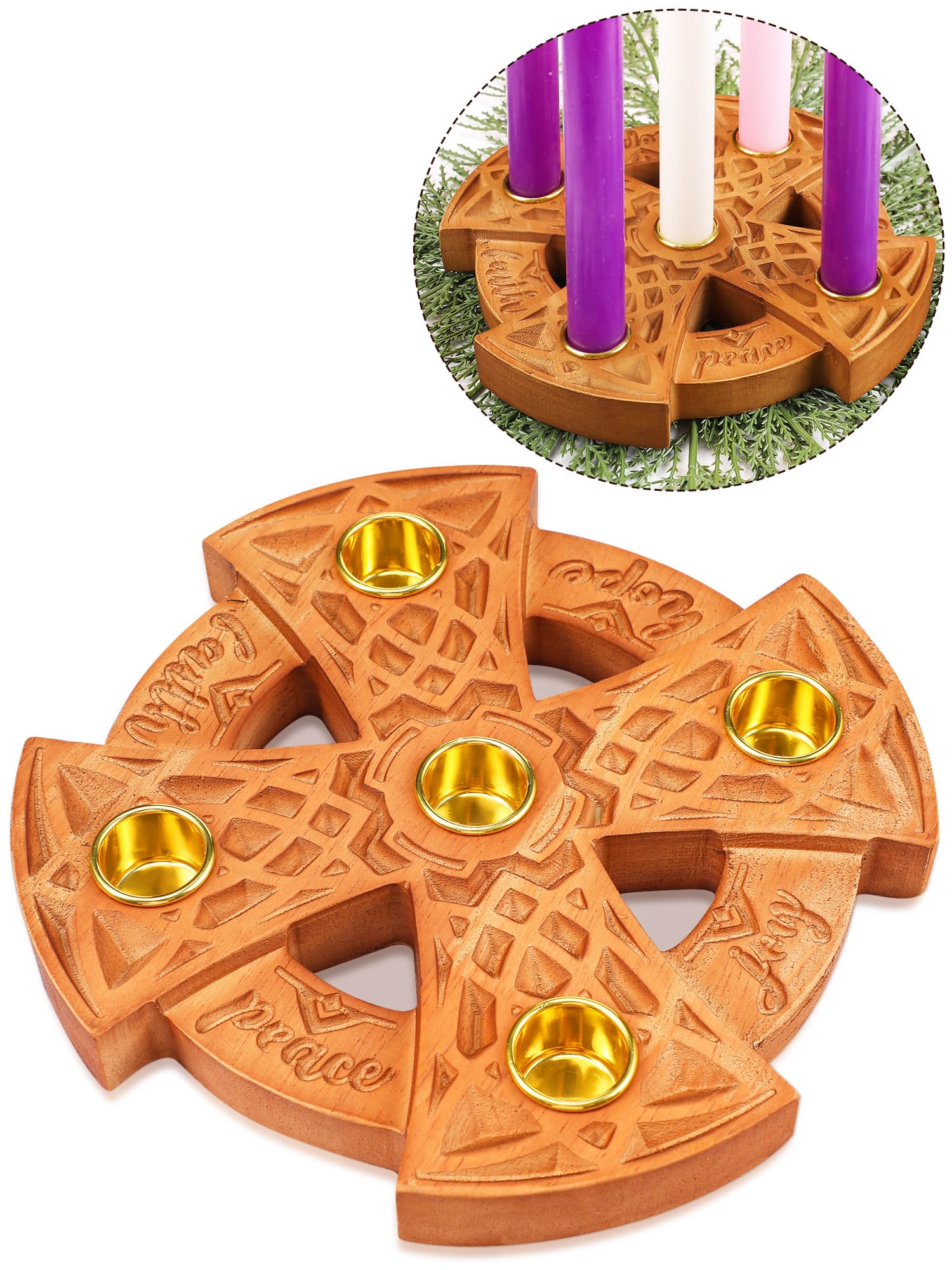 Nitial Advent Candle Holder for Christian Wood Nativity Ring Candle Holder with Metal Celtic Knot for Xmas Candles Centerpiece D