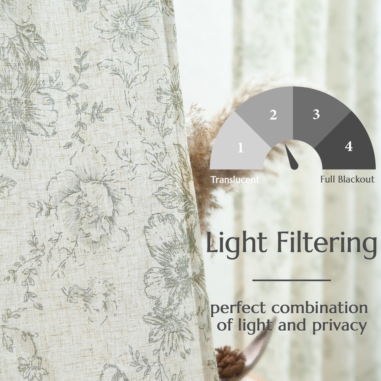 Jinchan Linen Blend Curtains Floral Curtains For Living Room 54 Inch Length Sage Green Printed Curtains Rod Pocket Back Tab Farmhouse Peony Flower Patterned Drapes Bedroom Window Curtain Set 2 Panels