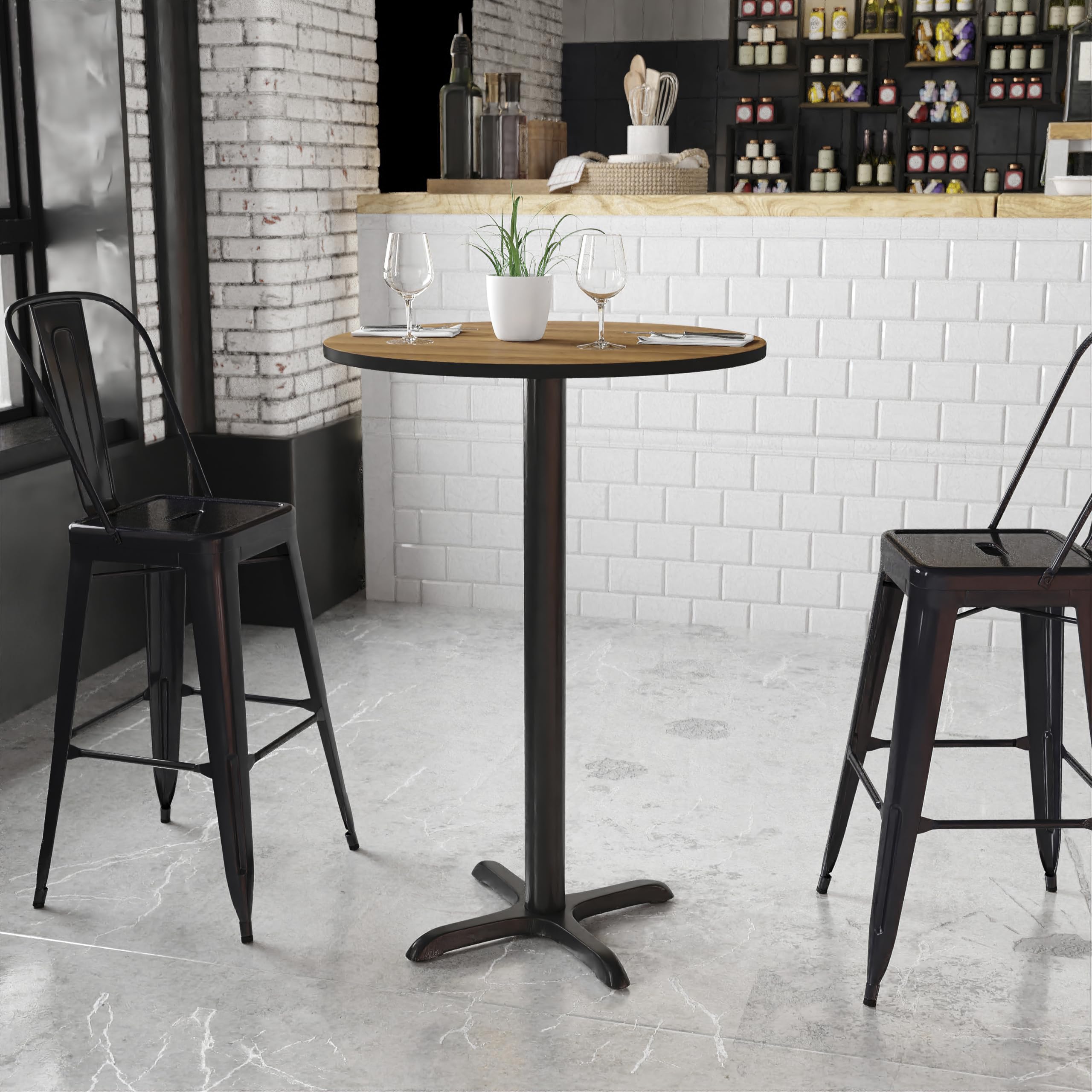 Flash Furniture 30'' Round Walnut Laminate Table Top With 22'' X 22'' Bar Height Table Base