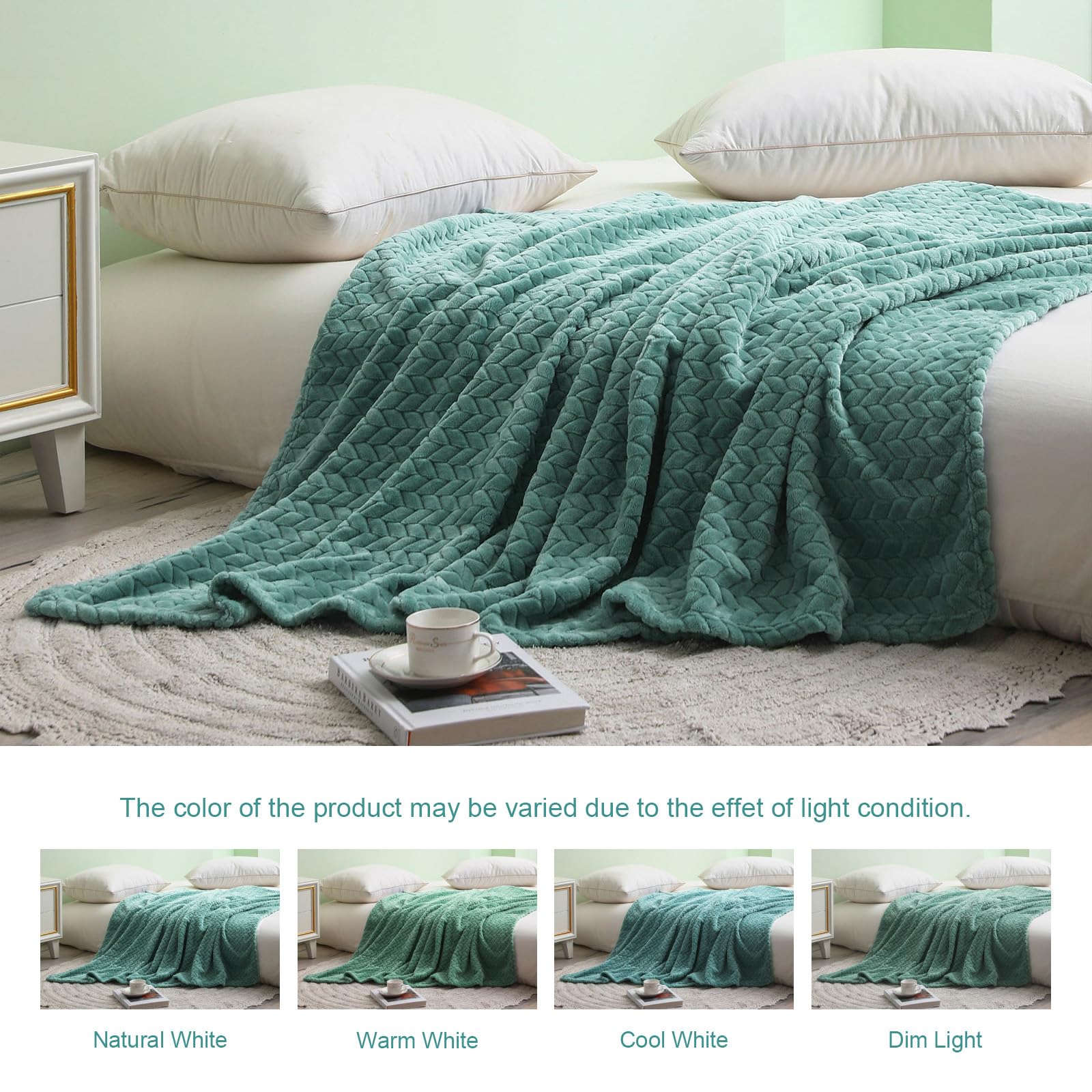 Exclusivo Mezcla Celadon Fleece Queen Size Blanket For Bed, 90X90 Inches Soft Cozy 3D Decorative Jacquard Flannel Blankets, Ligh
