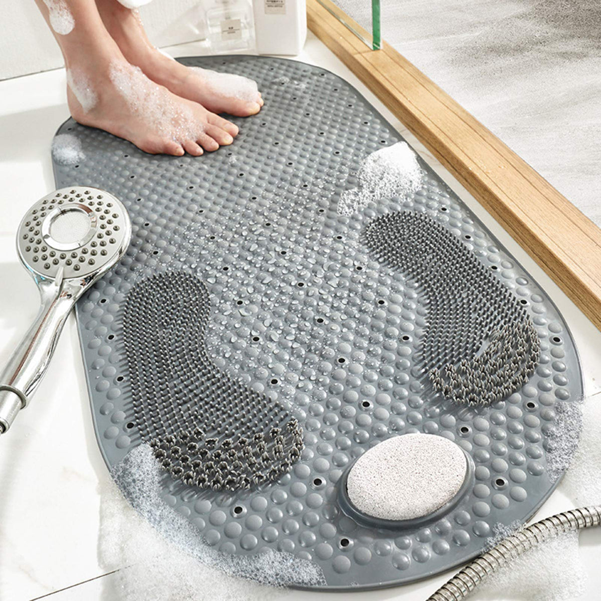 MOLFUJ 32X16 Foot Scrubber Shower Mat with Feet Scrub Stone, Oval Bathtub Mat with Antislip Suction Cups and Drain Holes, Non 