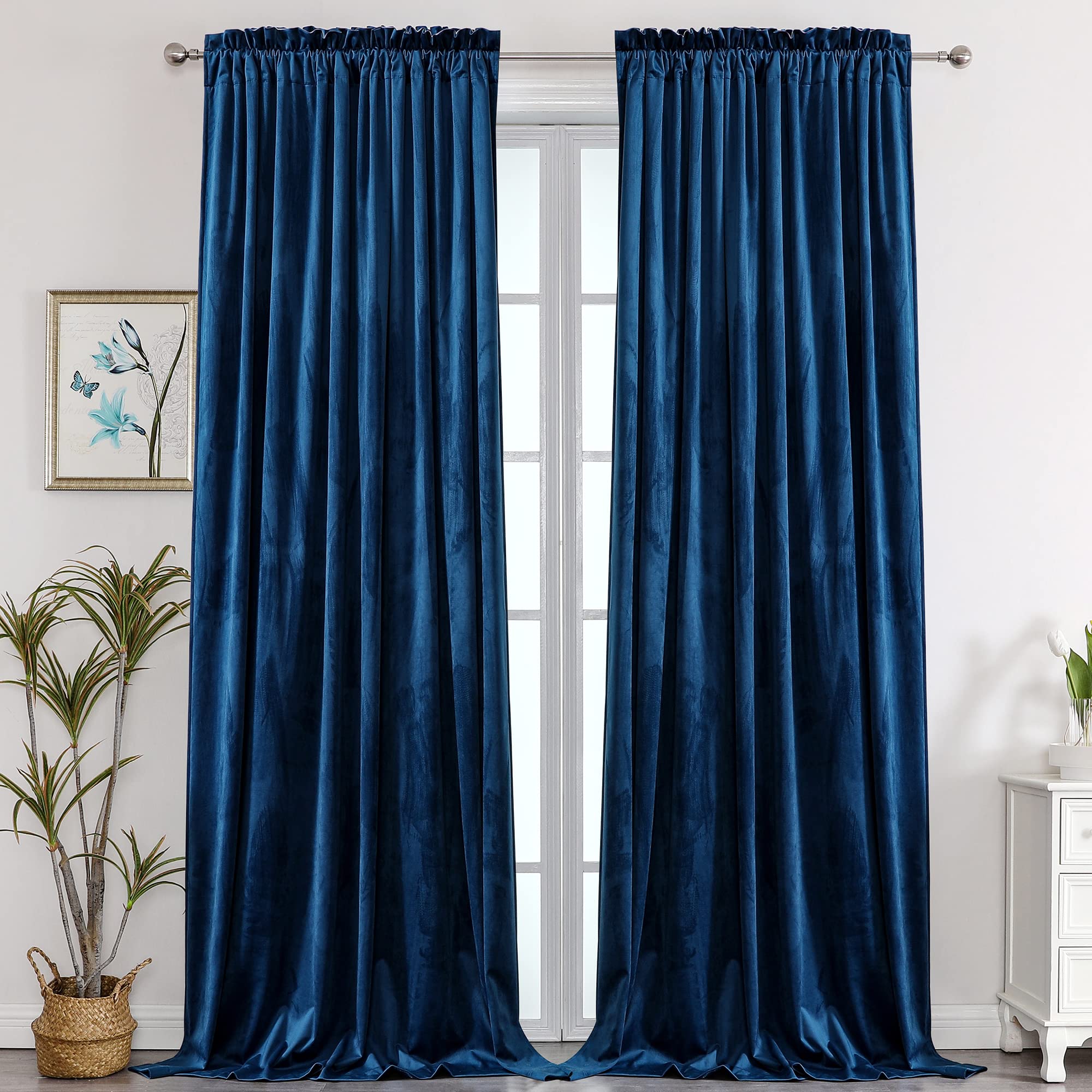 Benedeco Navy Velvet Curtains For Bedroom Window, Super Soft Luxury Drapes, Room Darkening Thermal Insulated Rod Pocket Curtain