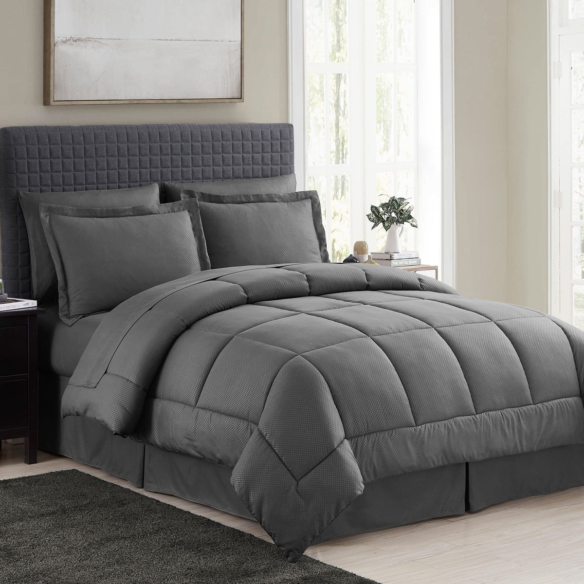 Queen Comforter Set 8 Piece Bed In A Bag With Bed Skirt, Fitted Sheet, Flat Sheet, 2 Pillowcases, 2 Pillow Shams, Queen, Checker