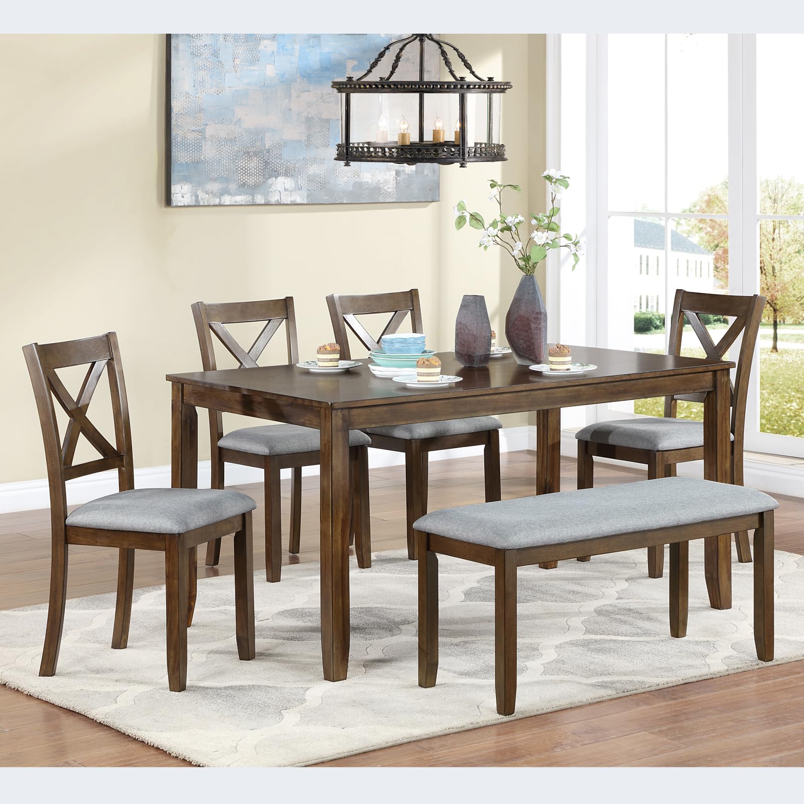 Lumisol 6 Pieces Wood Dining Table Set With Bench, Farmhouse Kitchen Table Set With 4 Upholstered Chairs And Bench For Kitchen,