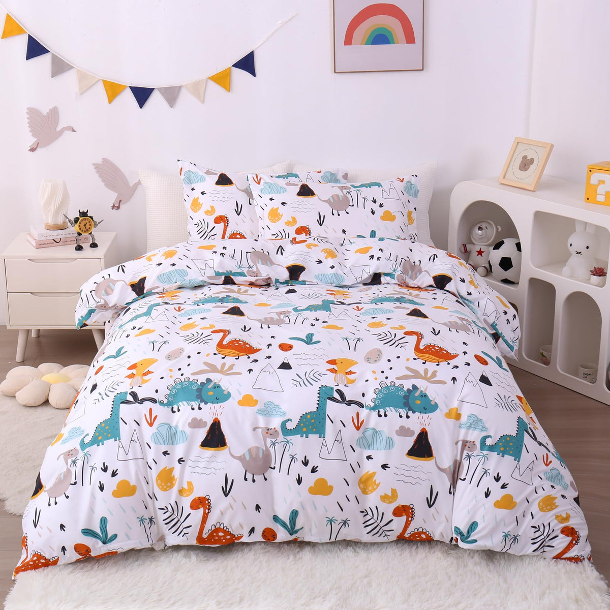 Jsd Dinosaur Kids Duvet Cover Set Queen Size, 3 Piece Soft Printed Microfiber Bedding Comforter Cover With Pillow Sham Zipper Cl