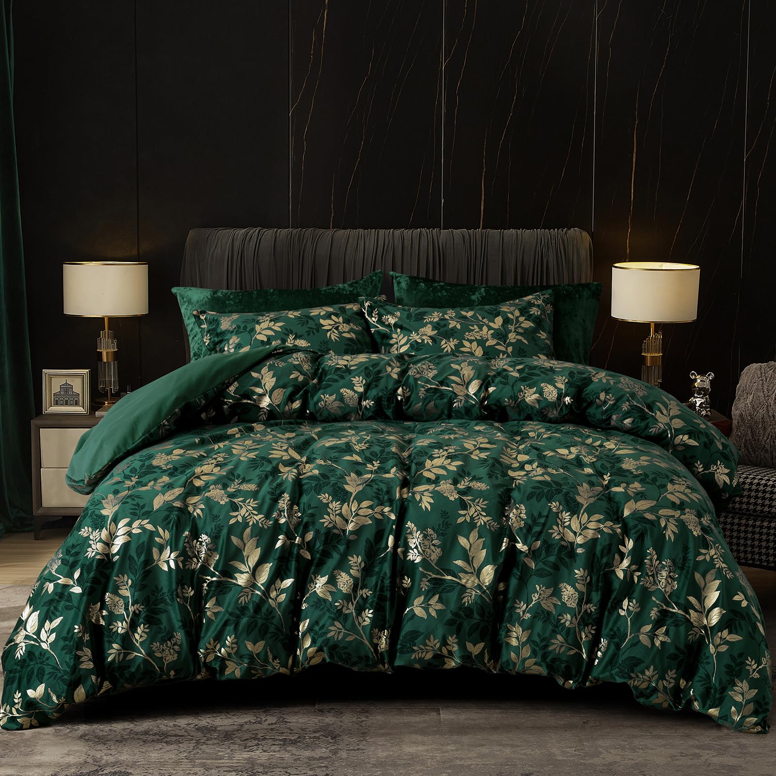 Phf Truly Velvet Duvet Cover Set King Size, 3Pcs Leaves Print Ultra Soft Breathable Comforter Cover Set, Luxury Cozy Flannel Duv