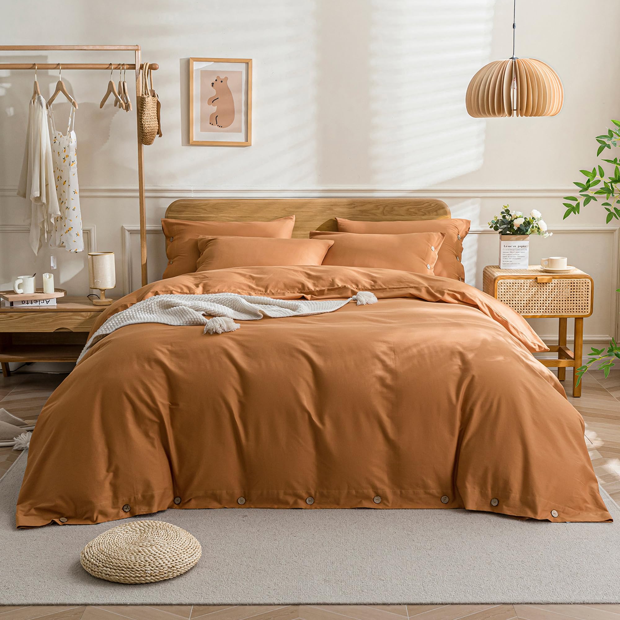 Jellymoni Burnt Orange Bedding Duvet Cover Set - 100% Washed Cotton Linen Like Textured California King Comforter Cover, 3 Piece