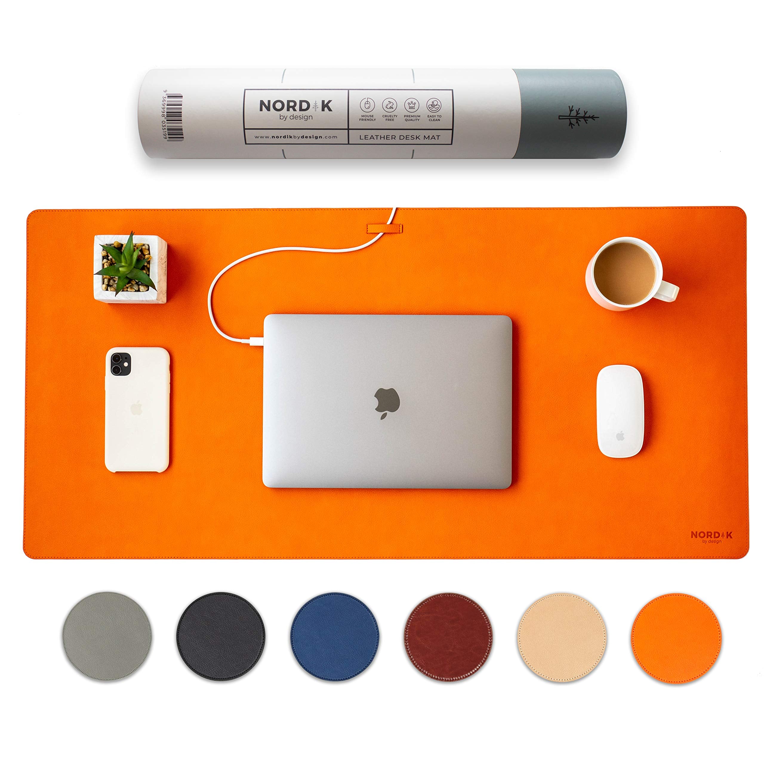 Nordik Leather Desk Mat Cable Organizer (Tangerine Orange 35 X 17 Inch) Premium Extended Mouse Mat For Home Office Accessories -