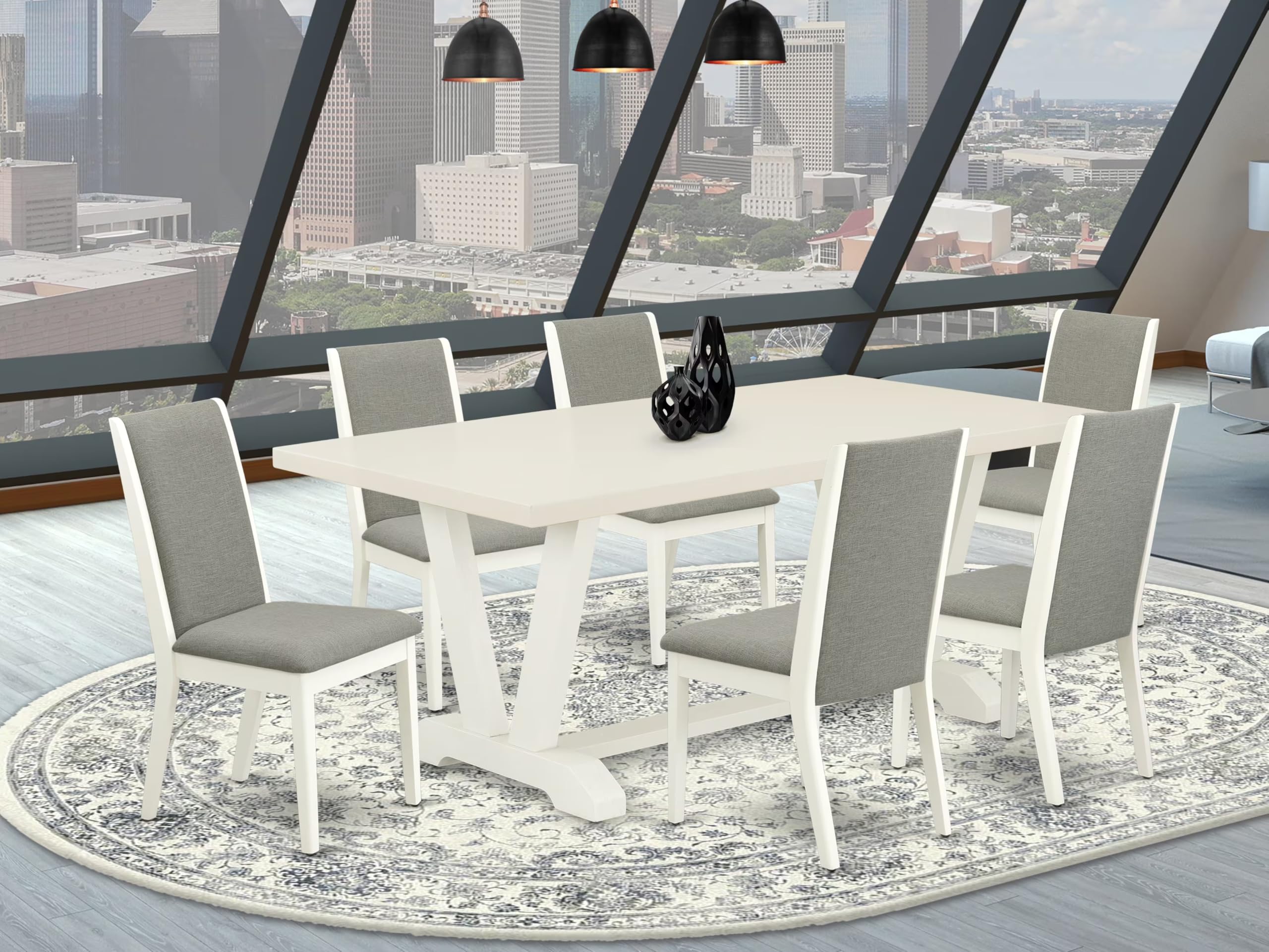 East West Furniture V027La206-7 7 Piece Kitchen Table & Chairs Set Consist Of A Rectangle Dining Room Table With V-Legs And 6 Shitake Linen Fabric Parson Chairs, 40X72 Inch, Multi-Color