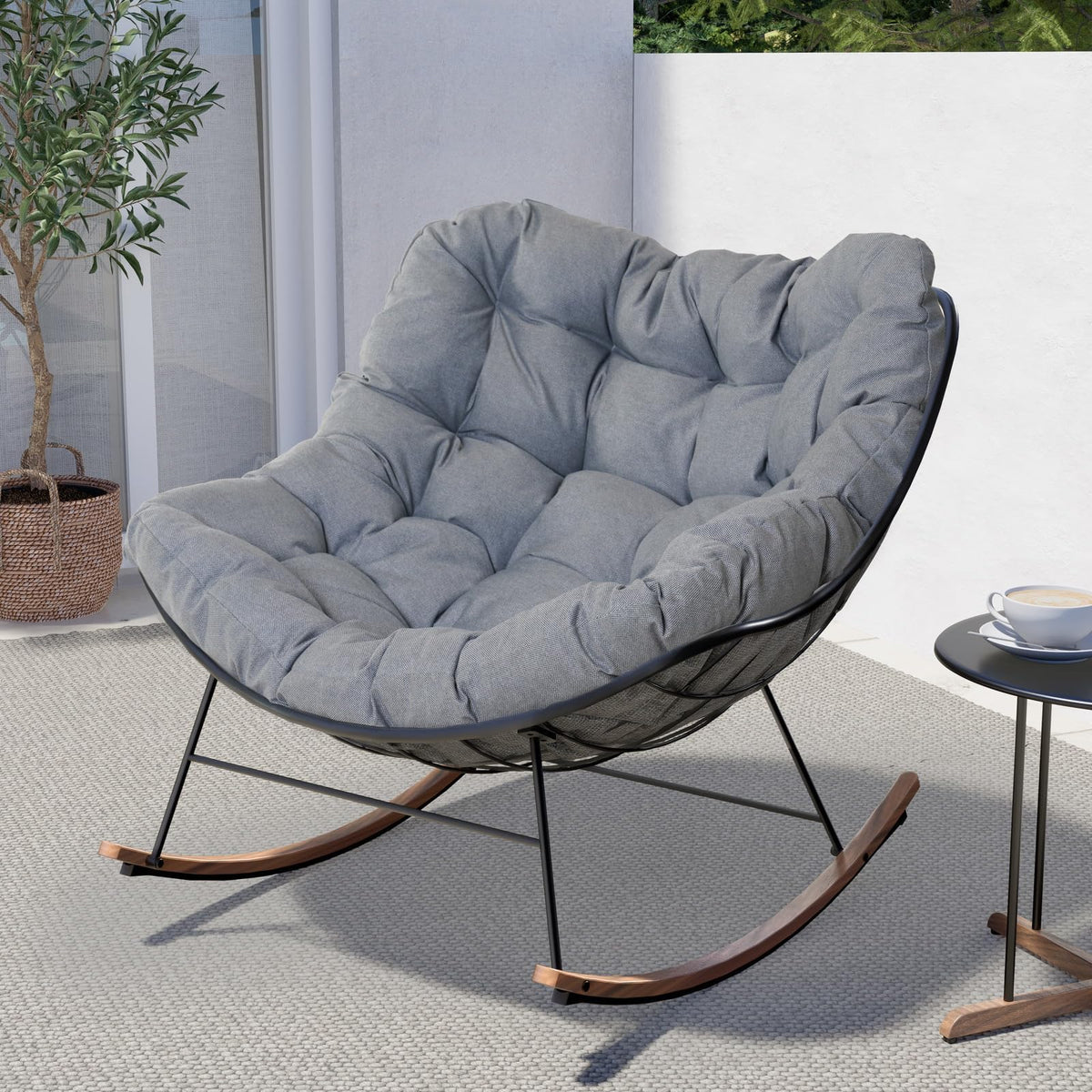 Grand Patio Rocking Chair Outdoor, E-Coated Papasan Rocking Chair With Cushion, Outdoor Oversized Recliner Rocker For Patio Porch Garden Backyard, Grey